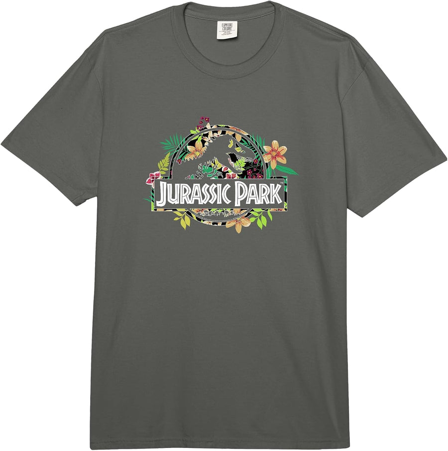 Jurassic Park Floral Tropical Fossil Logo Comfort Colors Adult Heavyweight T-Shirt - Adult Unisex Dark Grey