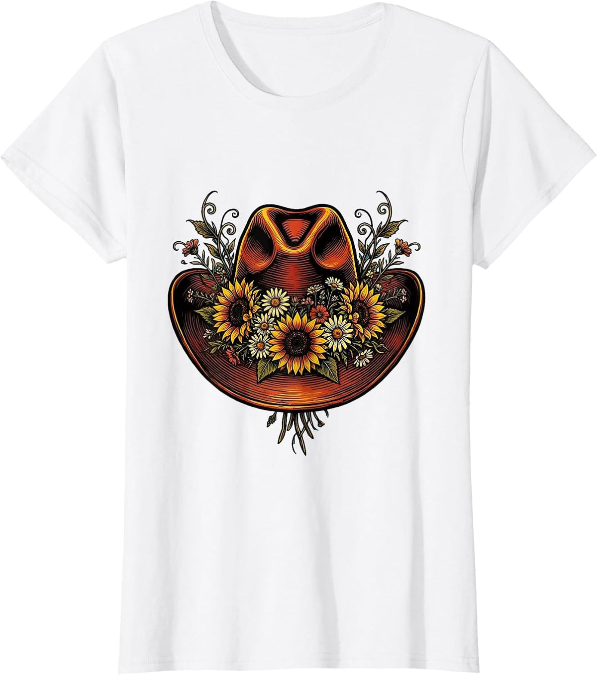 Cowgirl Hat With Wildflowers Boho Western Design T-Shirt - White