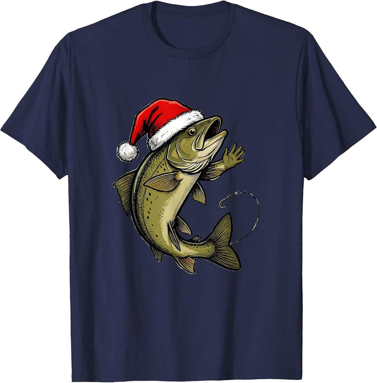 Men's Leaping Trout Santa Hat Christmas Fishing Gift T-Shirt - Navy Blue