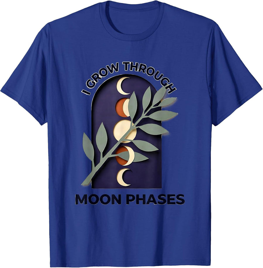 I Grow Through Moon Phases Mystic Celestial Botanical Boho T-Shirt - Royal Blue