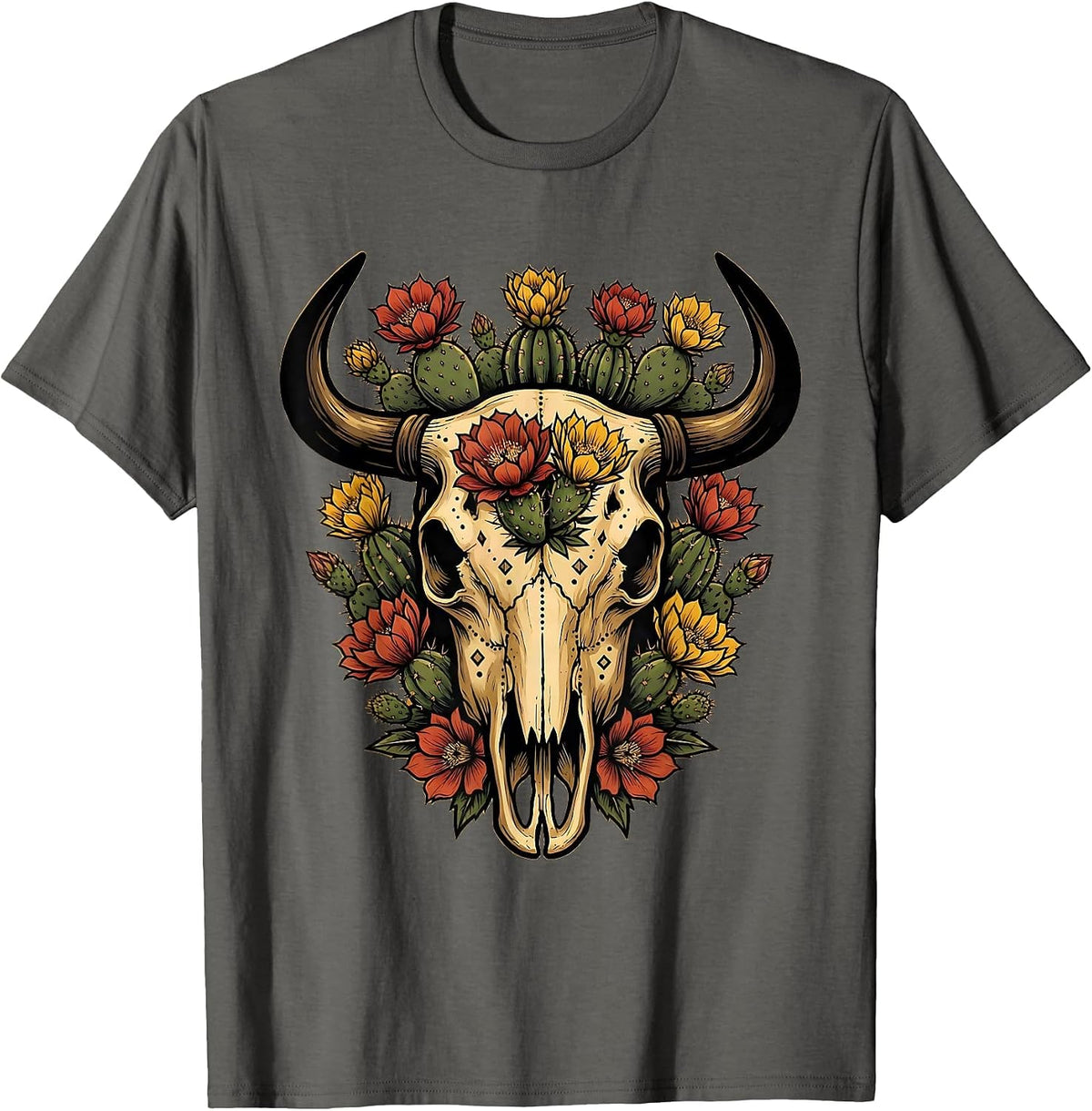 Men's Bull Skull Desert Flowers Western Boho Graphic Tee T-Shirt - Asphalt Grey