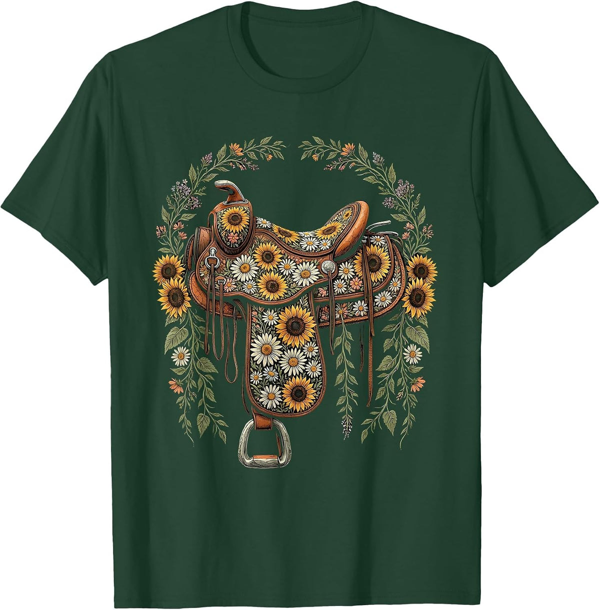 Western Saddle Wildflowers Boho Cowgirl Graphic T-Shirt - Dark Green