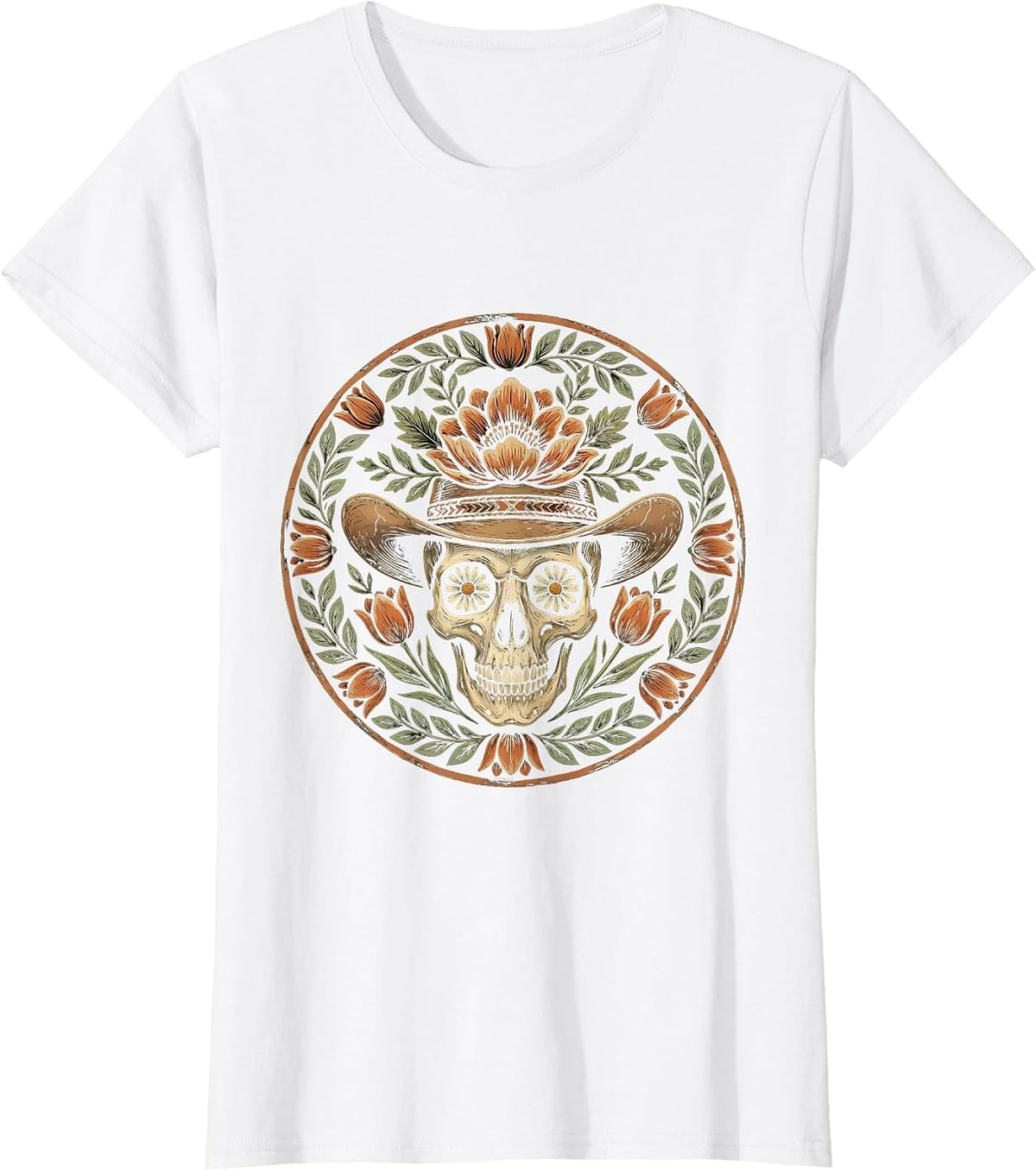 Denim Cowgirl Skull Floral Hat Western Design T-Shirt - White