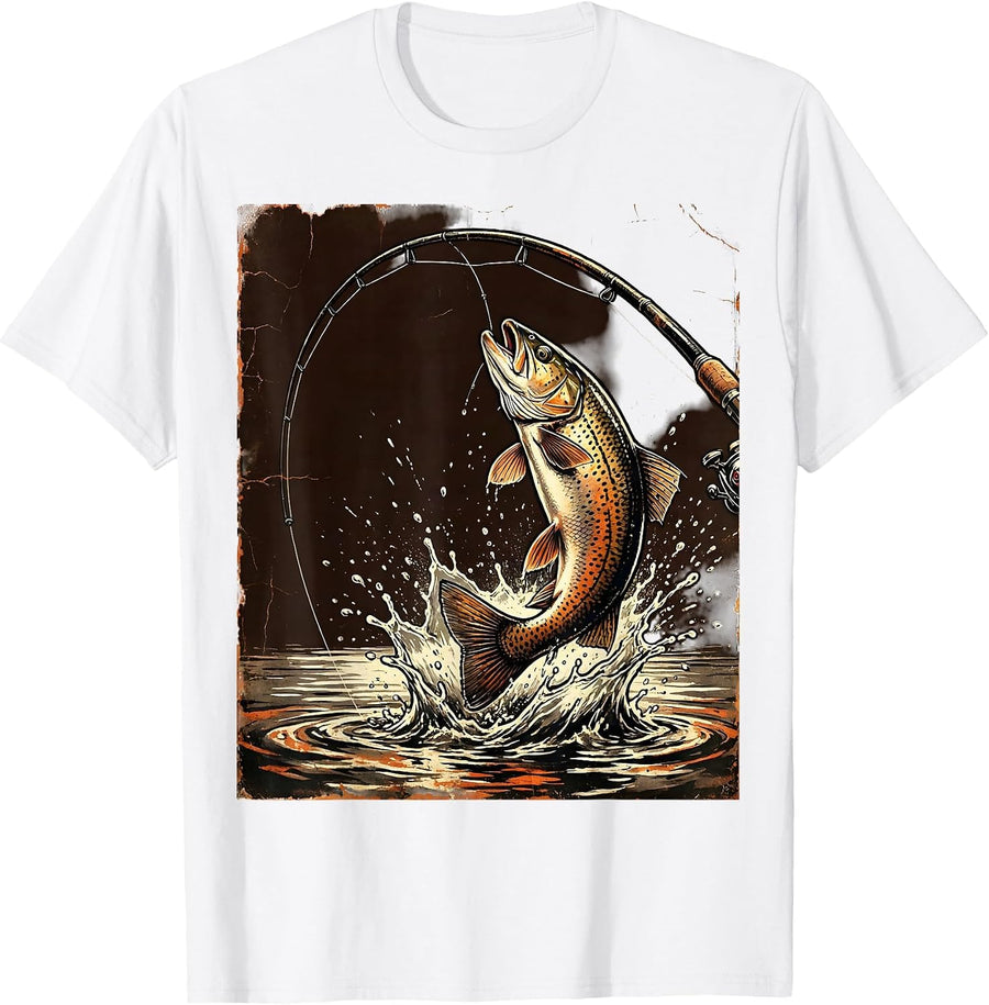 Men's Fishing Rod Bent Leaping Trout Camping Graphic T-Shirt - White
