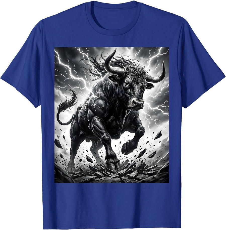 Bull Charging Through Lightning Storm Graphic T-Shirt - Royal Blue