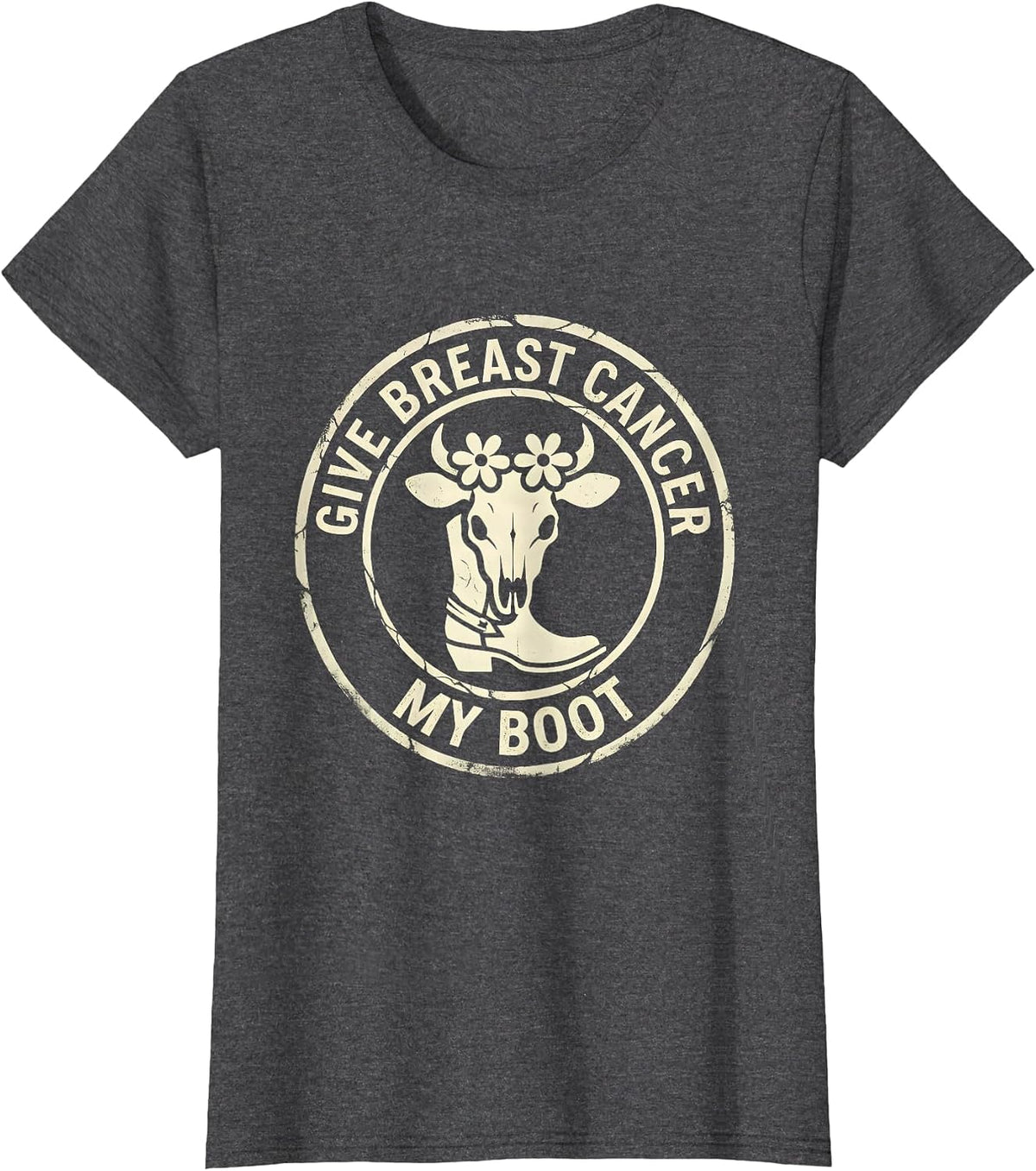 Women's Give Breast Cancer My Boot Boho Western Cowgirl Awareness T-Shirt - Dark Heather Grey