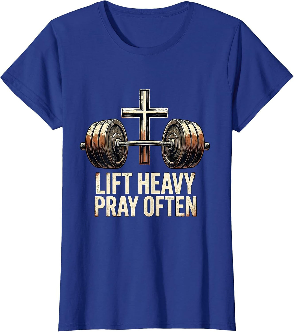 Women's Lift Heavy Pray Often Distressed Christian Gym Faith T-Shirt - Royal Blue