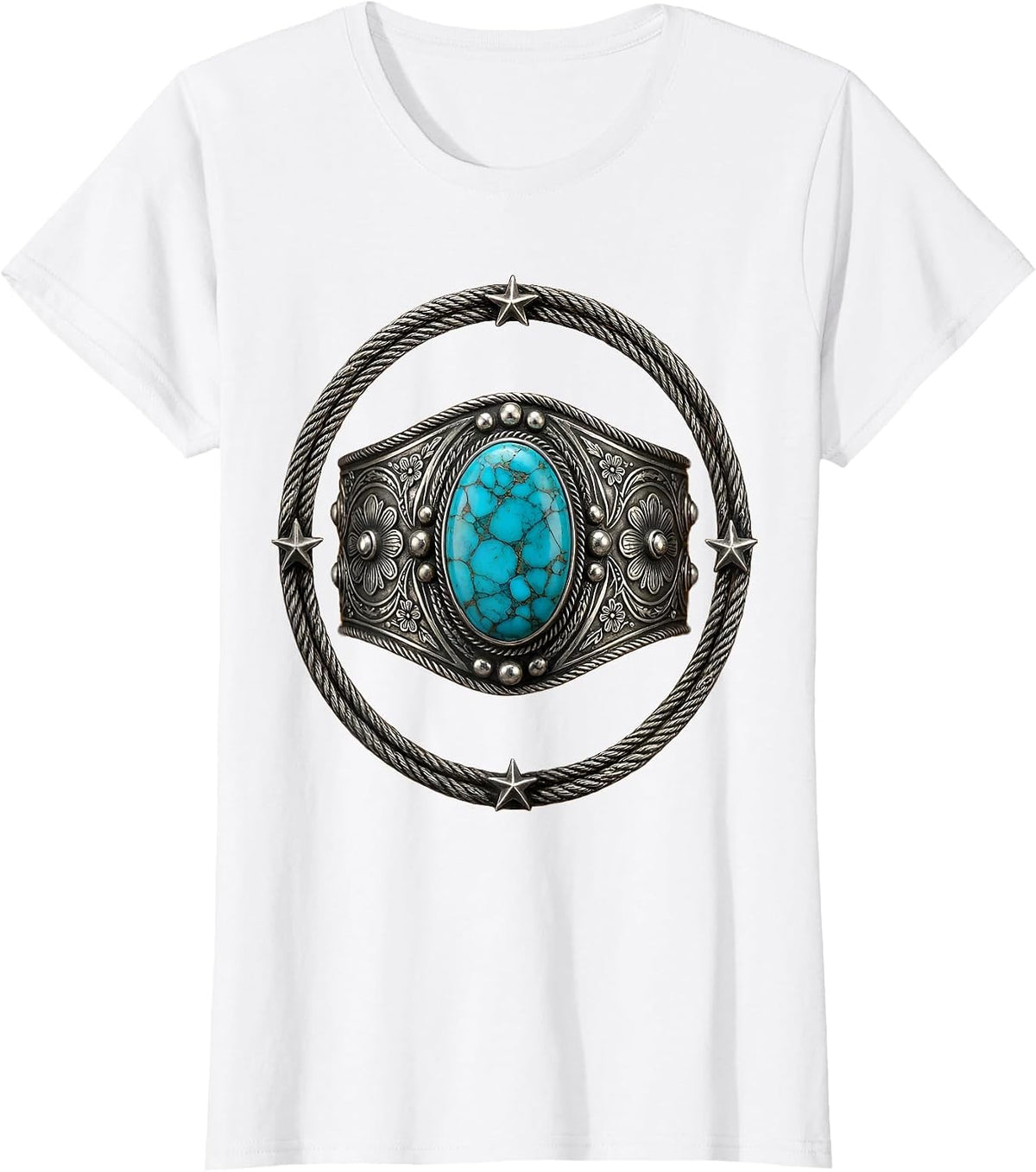 Women's Turquoise Silver Cuff Western Gemstone Design T-Shirt - White