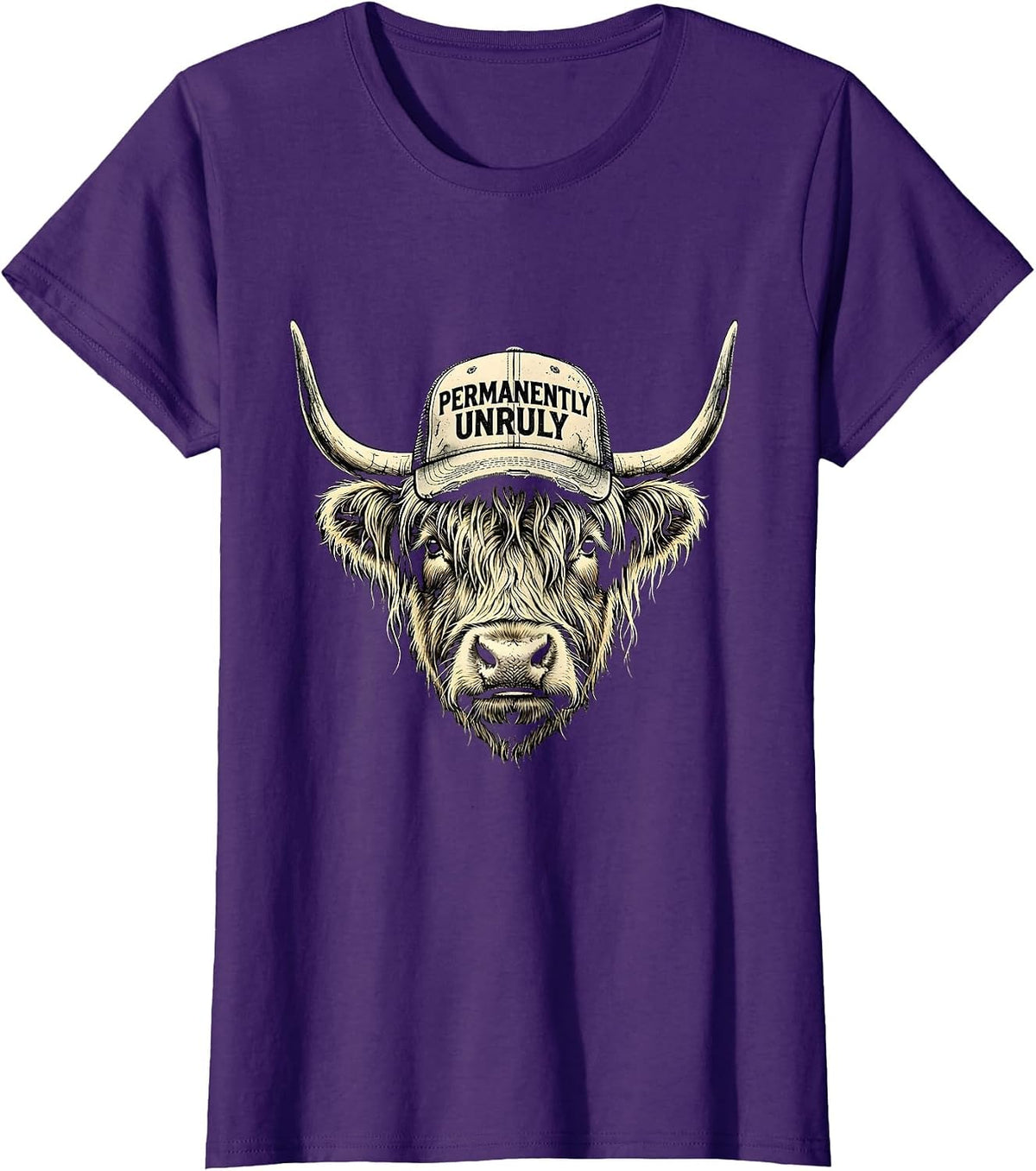 Women's Permanently Unruly Boho Western Highland Cow Humor T-Shirt - Purple