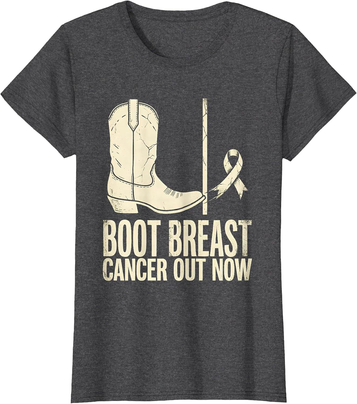 Women's Boot Breast Cancer Out Now Boho Western Cowgirl Awareness T-Shirt - Dark Heather Grey