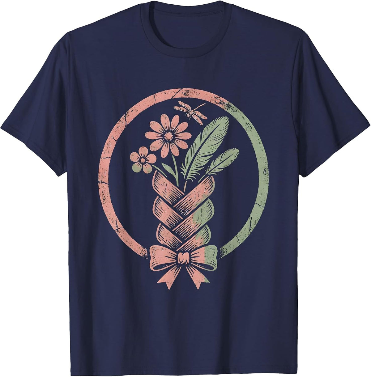 Men's Wildflower Braid Western Boho Hair Art T-Shirt - Navy Blue