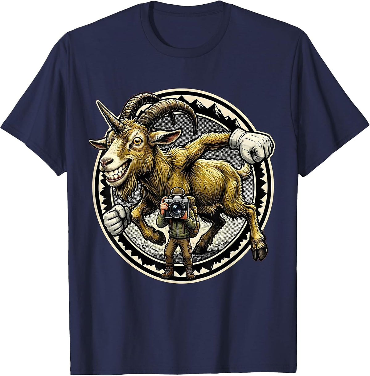 Mountain Goat Photobomb Funny Hiking Graphic T-Shirt - Navy Blue