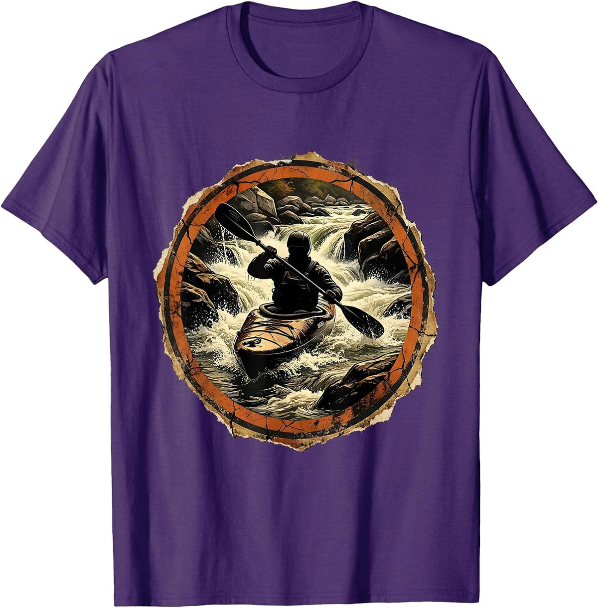 Kayaker Paddling Through Rocky River Rapids T-Shirt - Purple