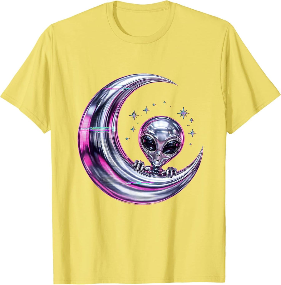 Men's Curious Alien Peeking Over Crescent Moon T-Shirt - Lemon Yellow