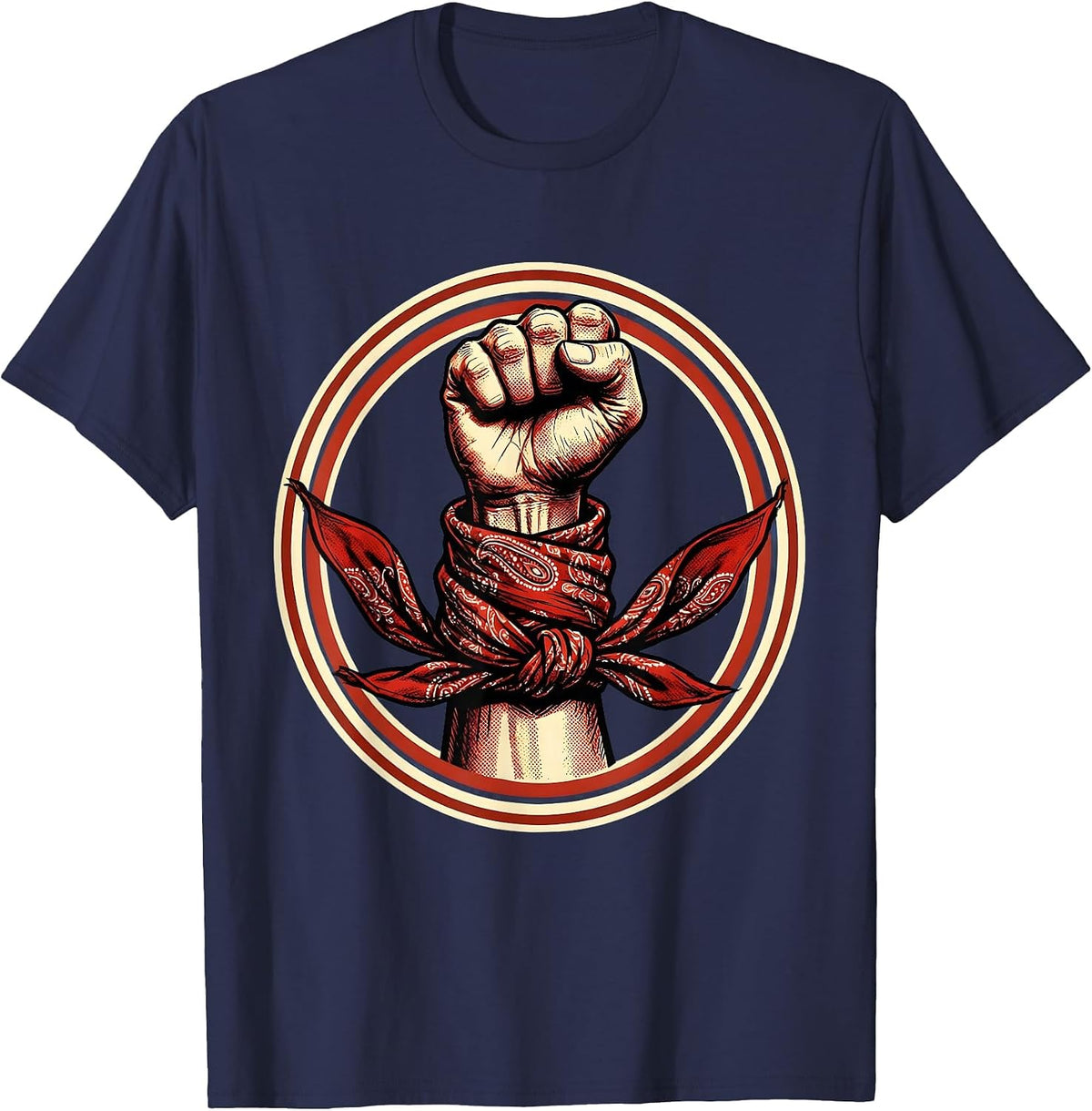 Rosie The Riveter Raised Fist Red Bandana T-Shirt - Navy Blue