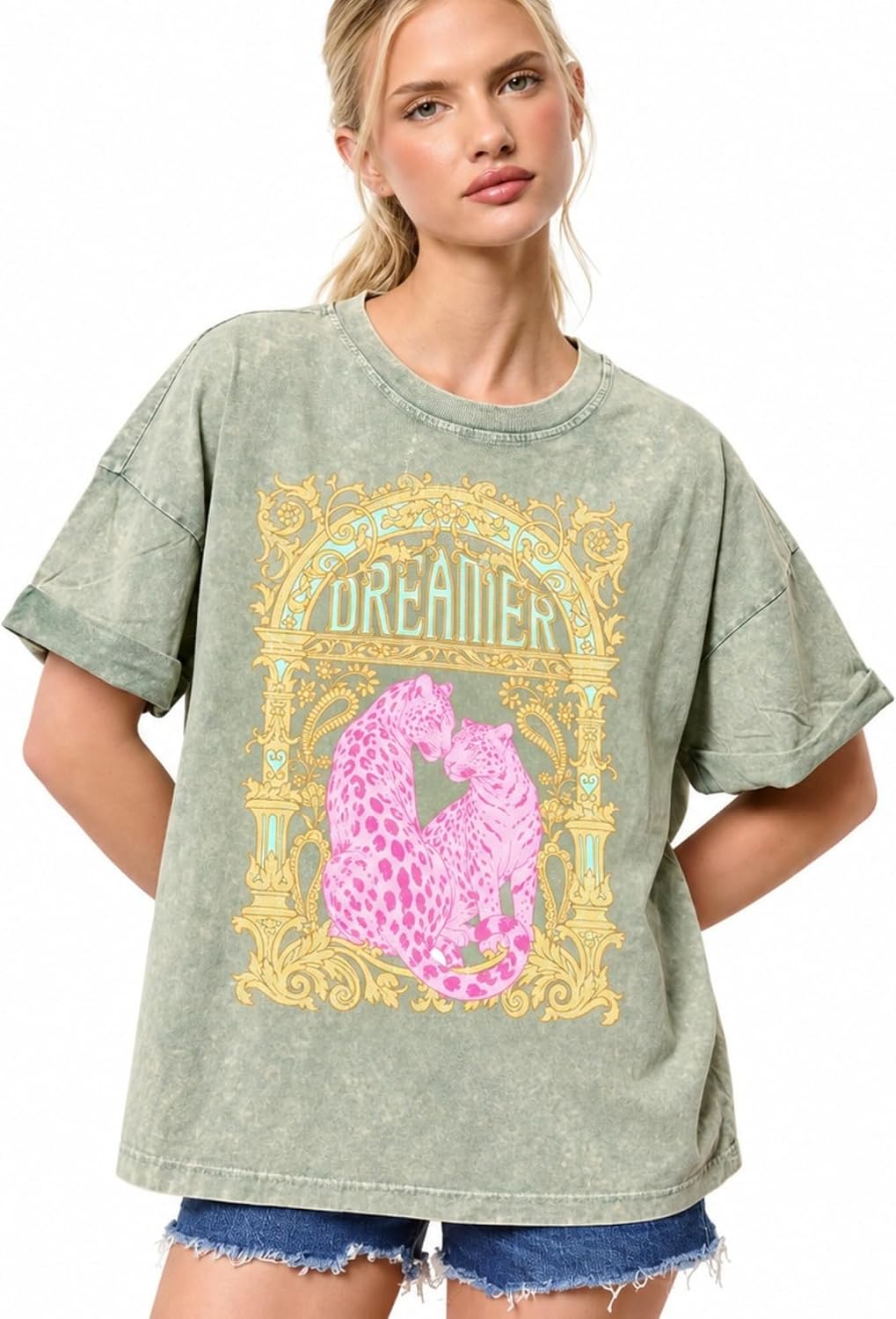 Womens Oversized Vintage Graphic T Shirt Tacked Rolled Sleeve Loose Fit Mineral Wash Casual Tee - Dreamer3 Green