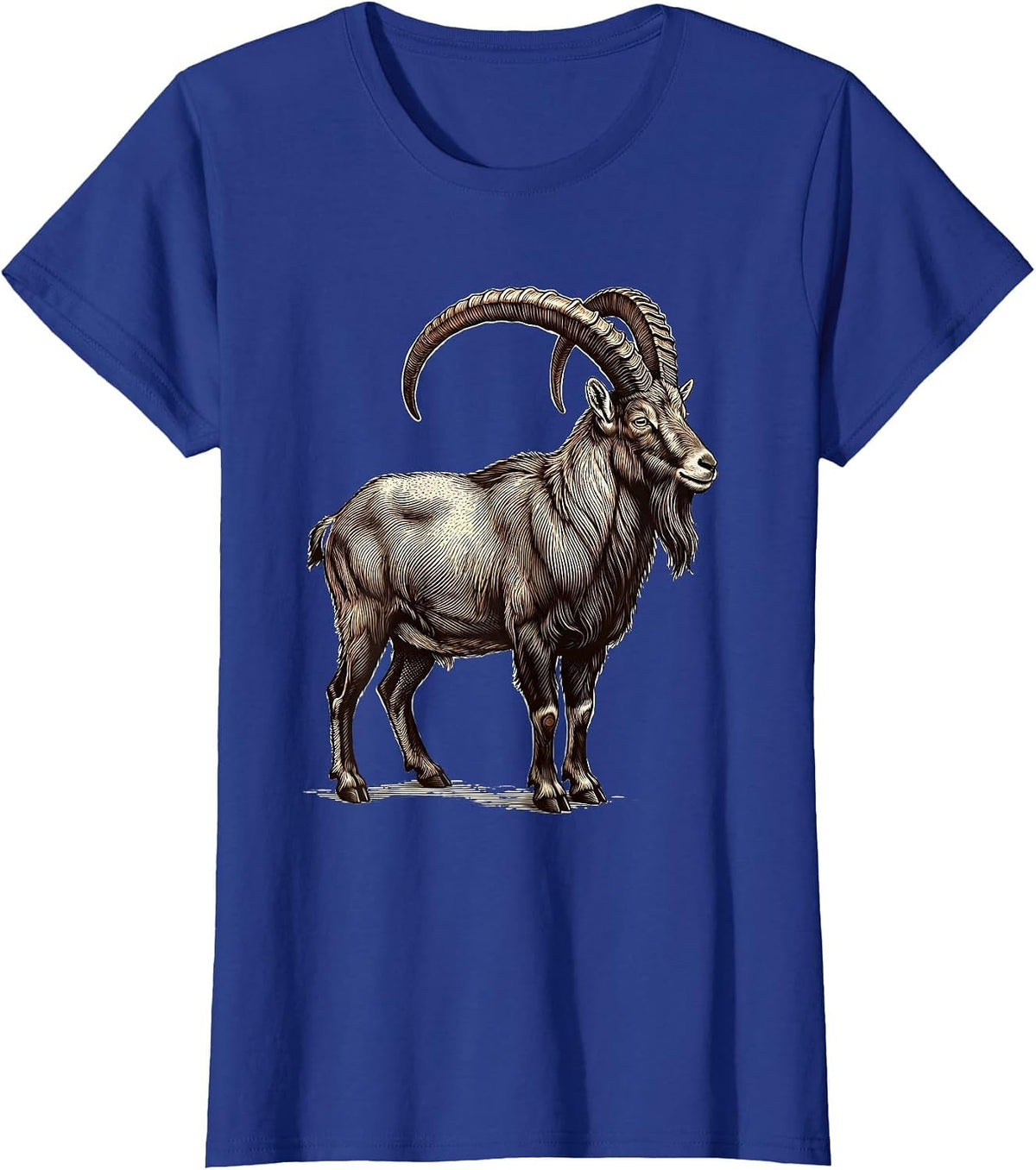 Women's Mountain Goat Crosshatch Etching Minimalist Line Art T-Shirt - Royal Blue