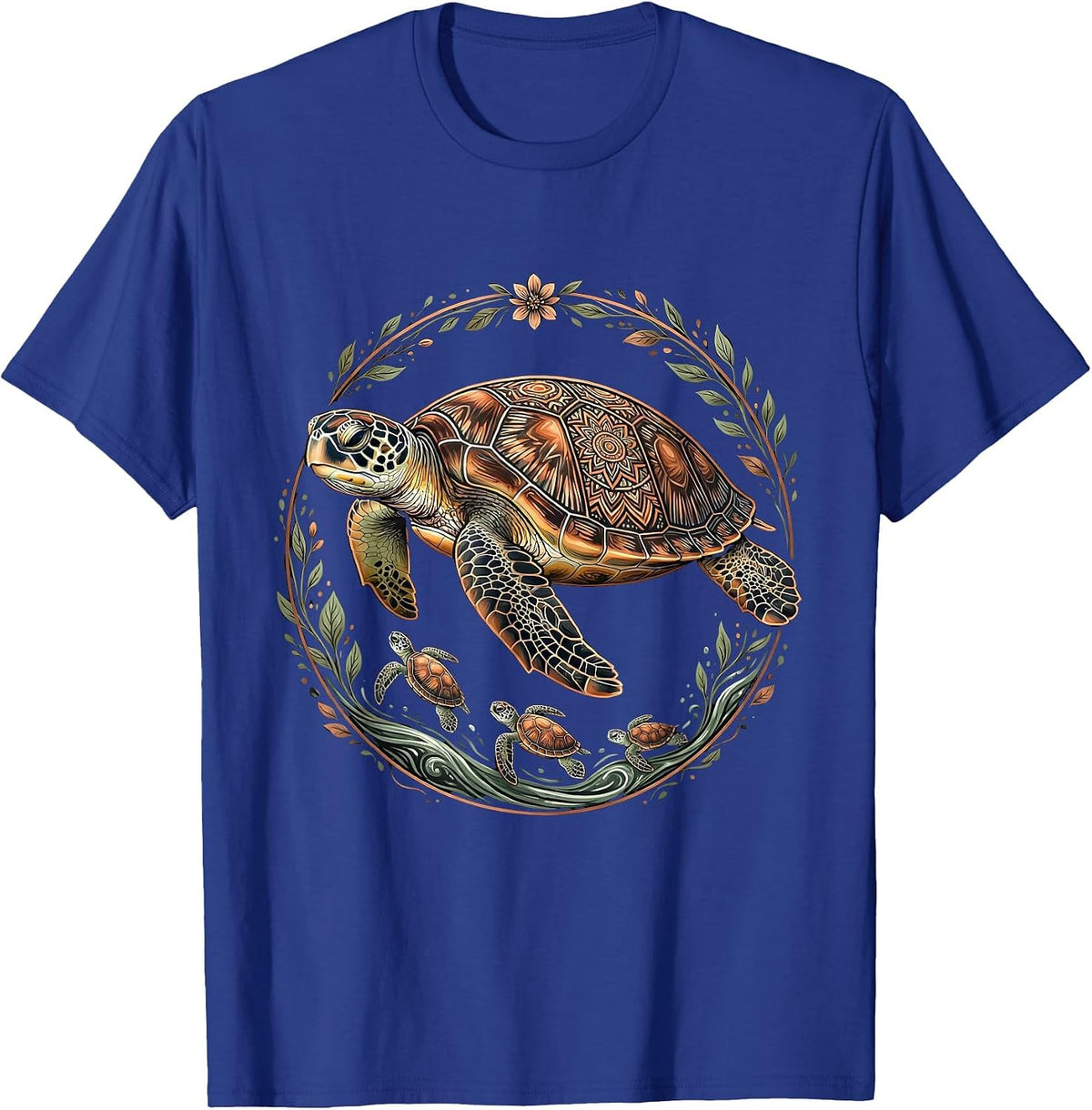 Men's Mama Turtle Guiding Hatchlings to the Ocean T-Shirt - Royal Blue