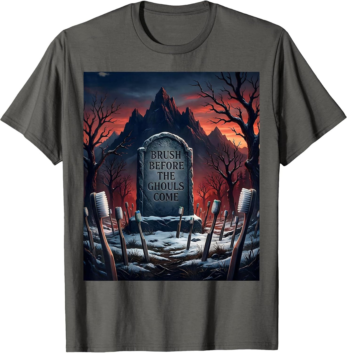 Halloween Dental Toothbrush Graveyard Design T-Shirt - Asphalt Grey