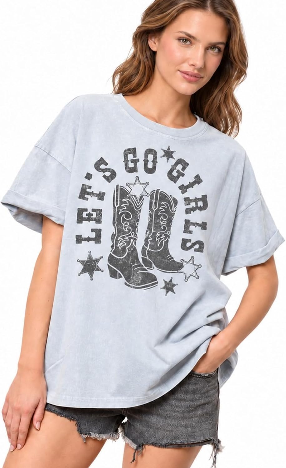Womens Oversized Vintage Graphic T Shirt Tacked Rolled Sleeve Loose Fit Mineral Wash Casual Tee - Gogirl Denim