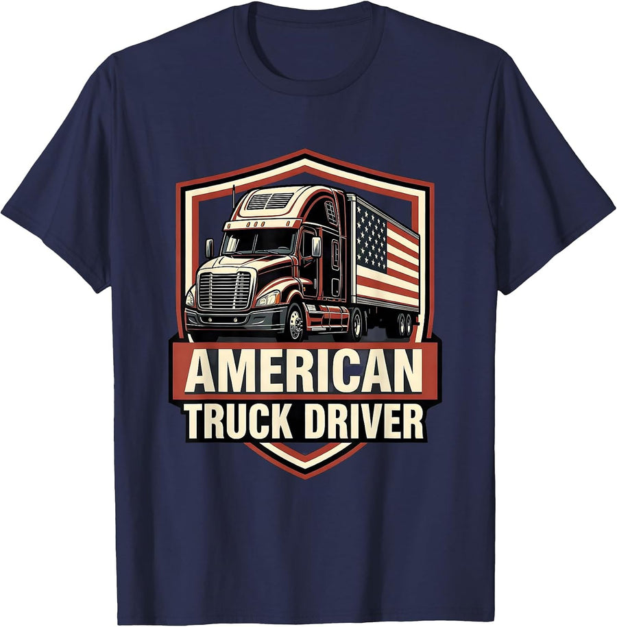 American Truck Driver Patriotic Trucker Big Rig Gift T-Shirt - Navy Blue