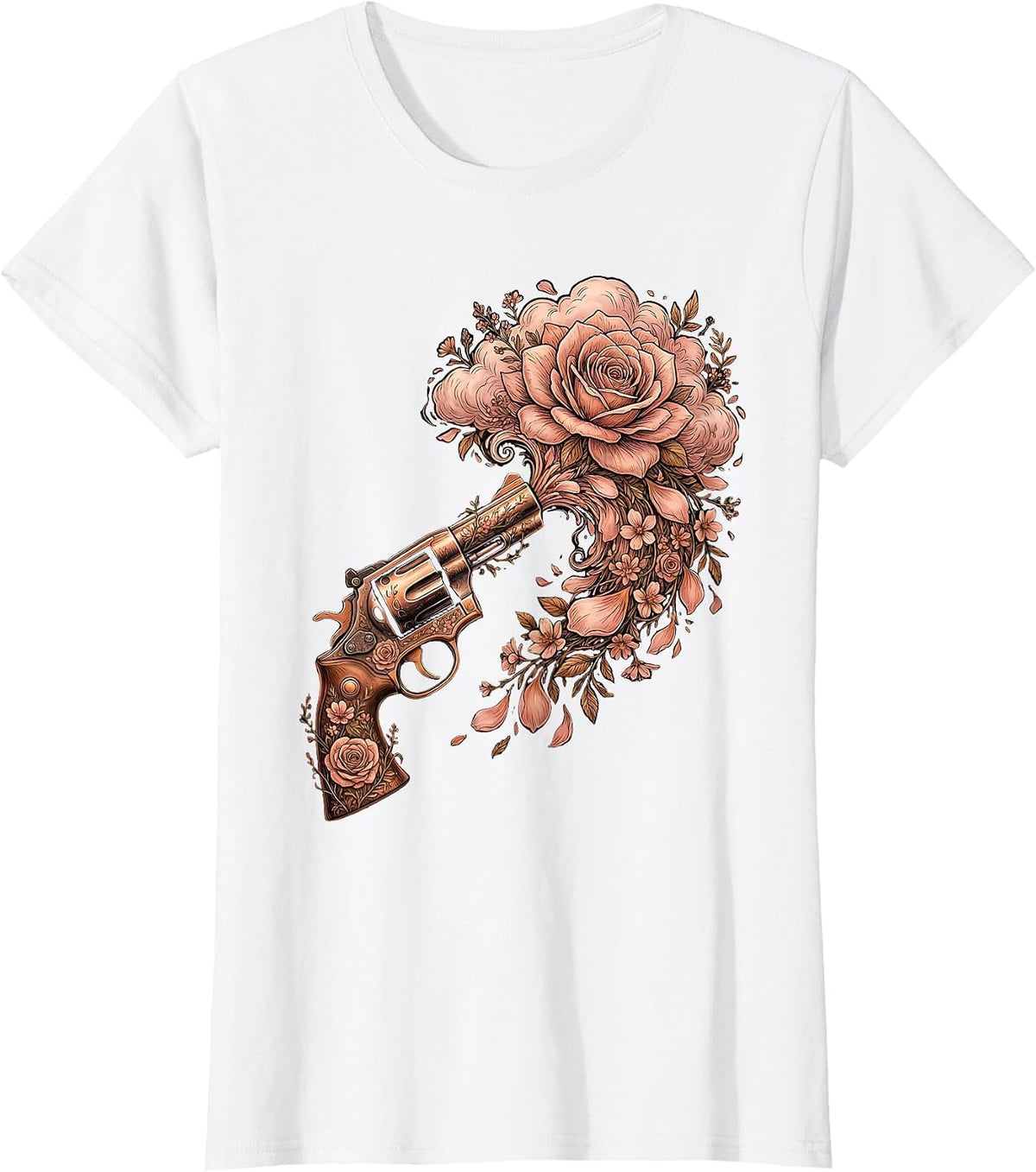 Women's Floral Revolver Western Wildflower Gun Design T-Shirt - White