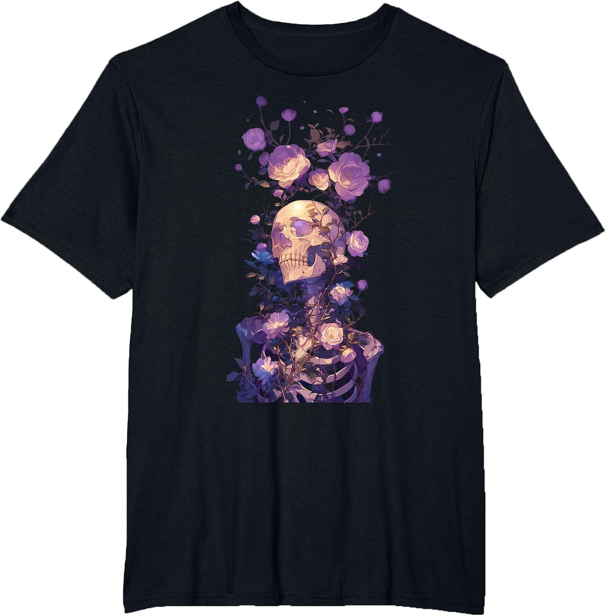 Skeleton Flowers Sad Goth Pastel Purple Pink Alt Aesthetic T-Shirt - Black