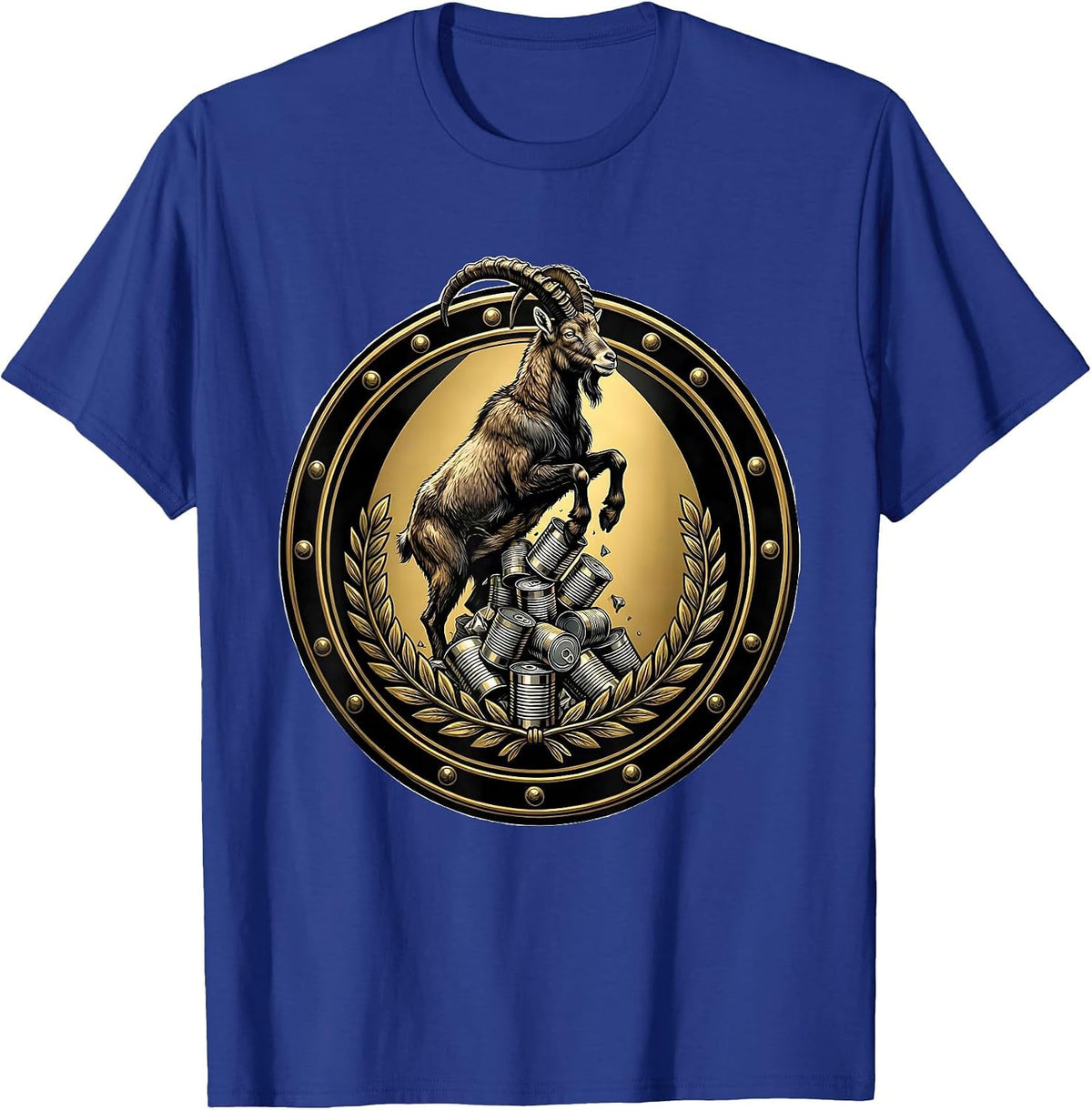 Goat Standing on Tin Can Tower Graphic T-Shirt - Royal Blue