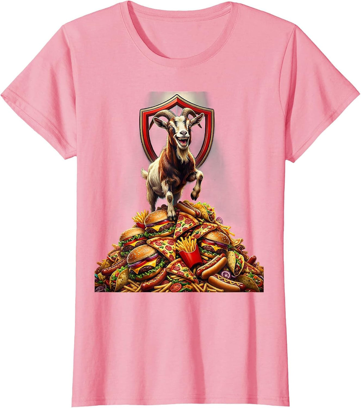 Women's Goat on Fast Food Mountain Funny Humor Graphic T-Shirt - Pink
