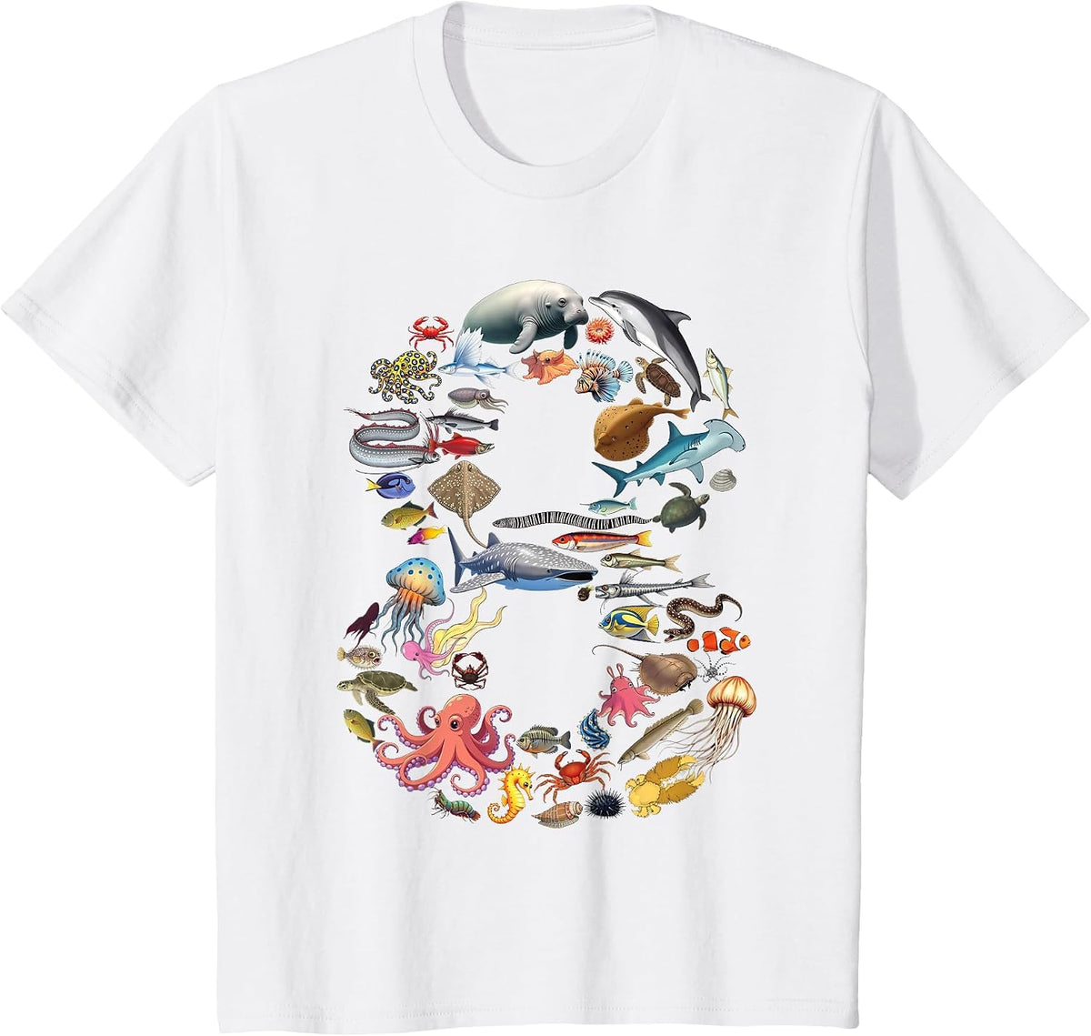8 Years Old 8th Birthday Sea Ocean Animals Figures Number 8 T-Shirt - White