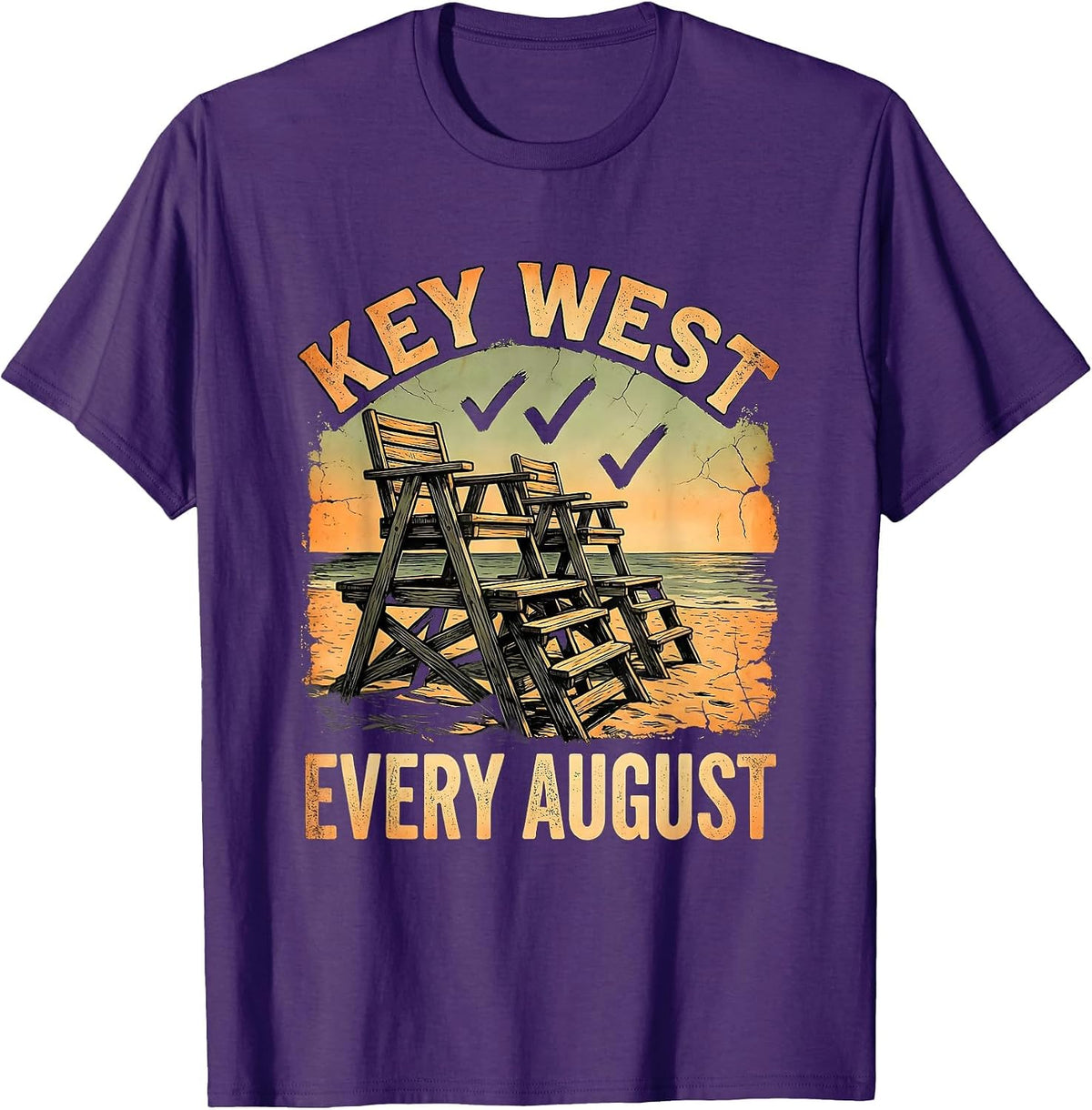 Men's KEY WEST EVERY AUGUST Boho Summer Casual Beach Souvenir T-Shirt - Purple