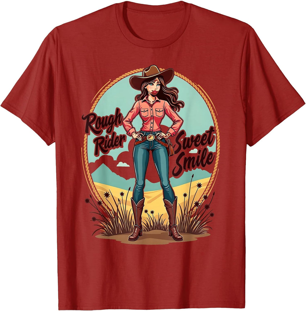Rough Rider Sweet Smile Western Rodeo Mama Design T-Shirt - Cranberry Red