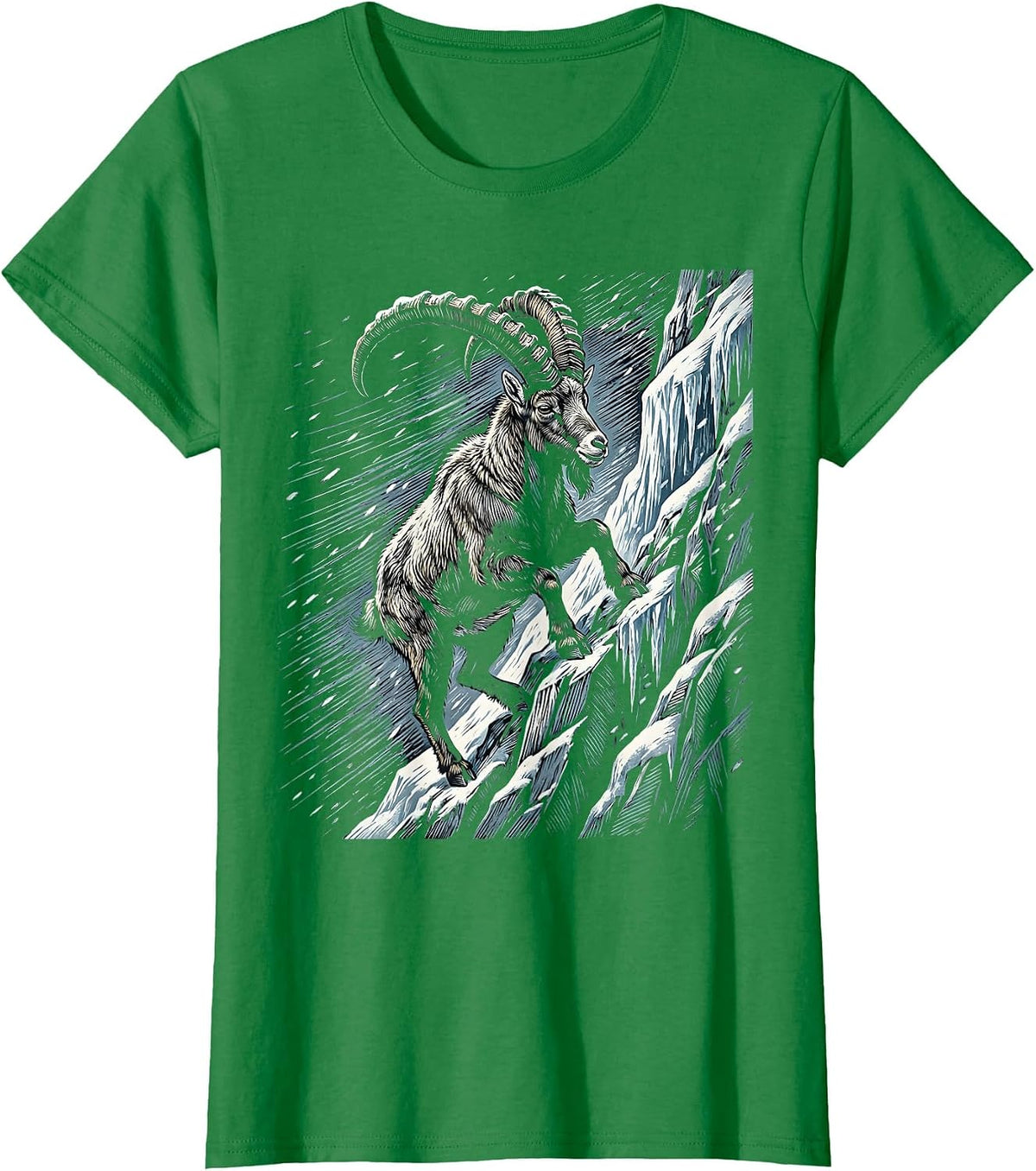 Mountain Goat Blizzard Icy Cliff Climbing Design T-Shirt - Kelly Green
