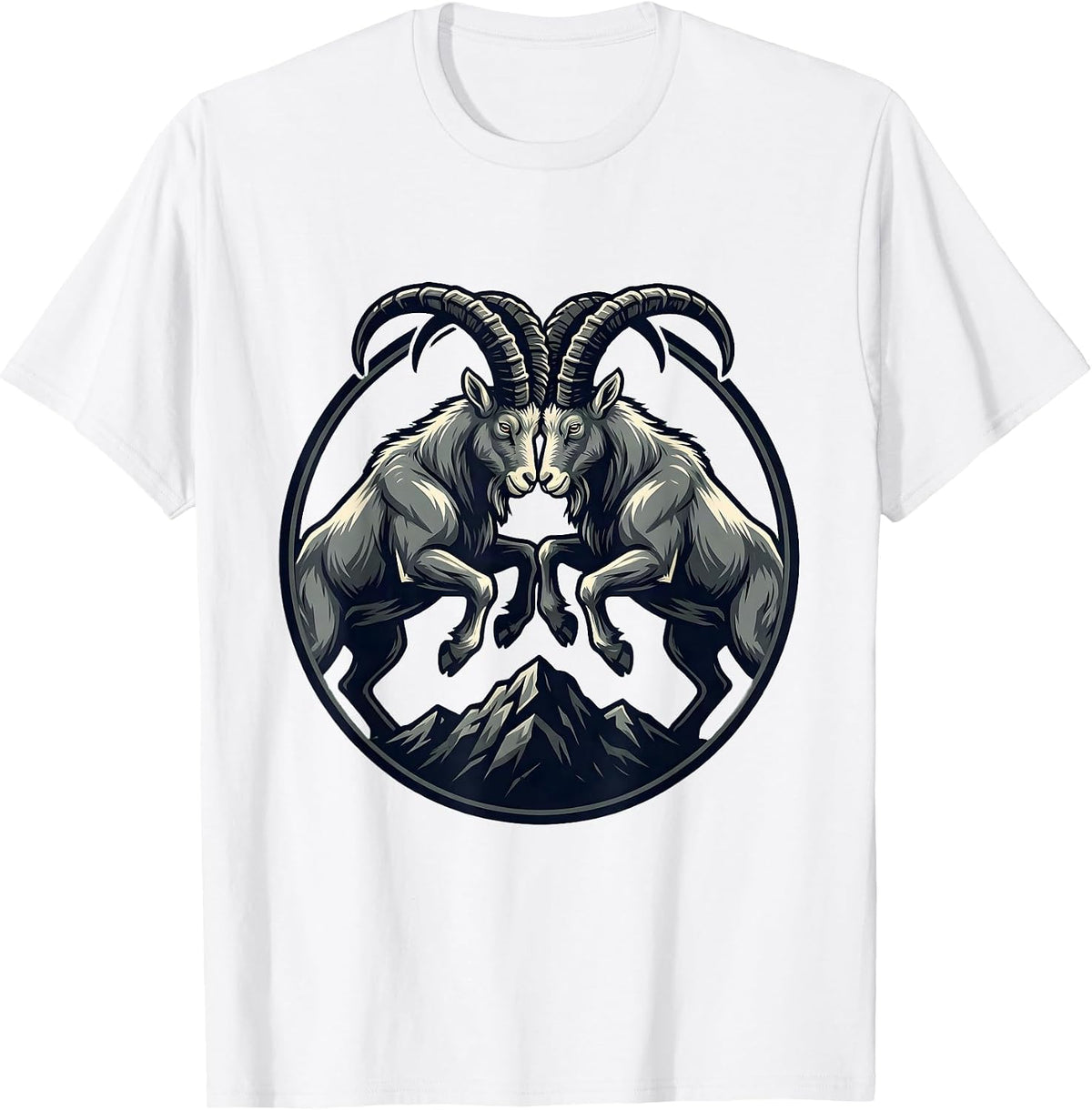 Men's Two Goats Clashing Horns on a Hilltop Graphic T-Shirt - White