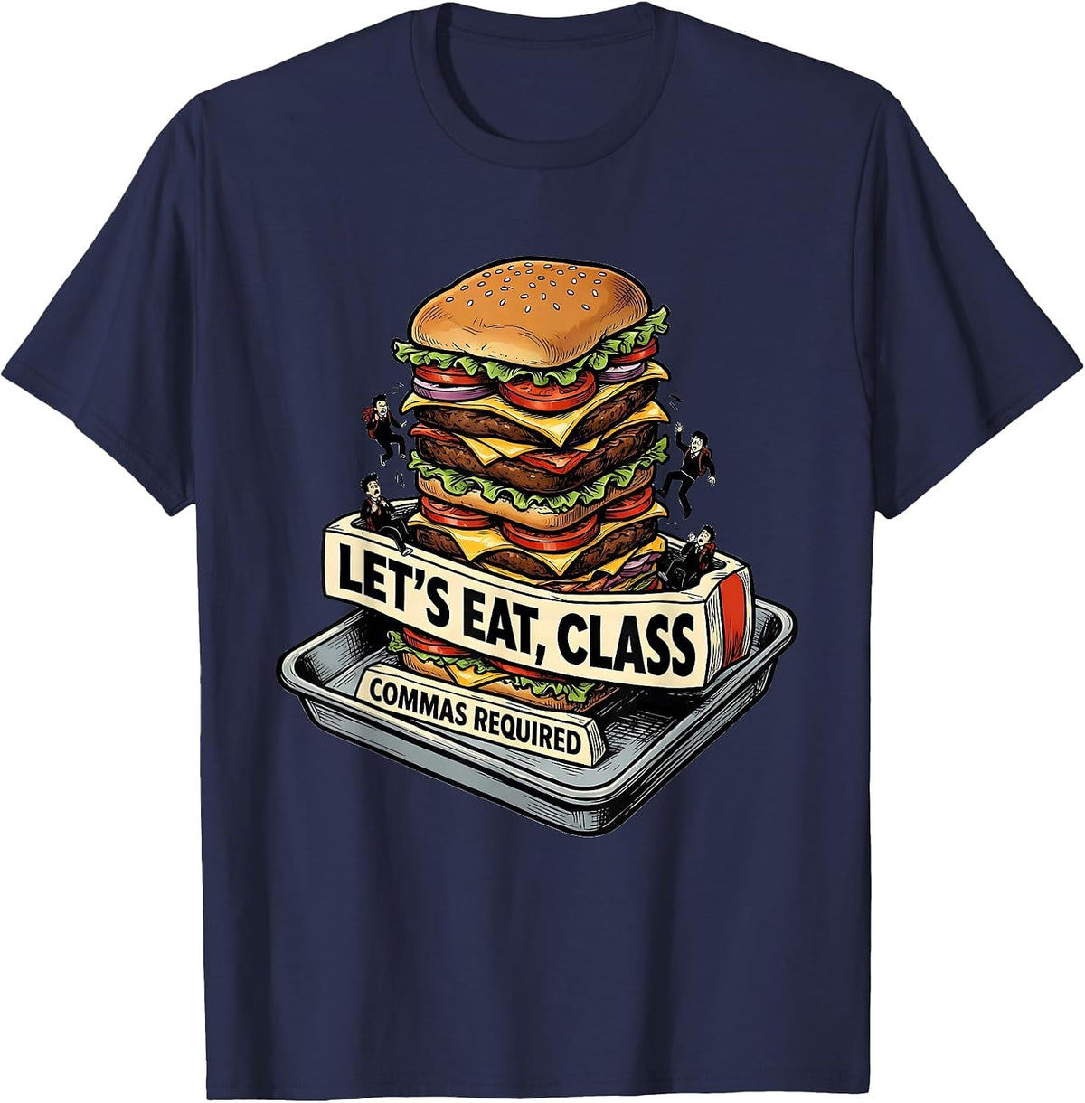 Men's Let's Eat Class Commas Required Funny Grammar Teacher Humor T-Shirt - Navy Blue