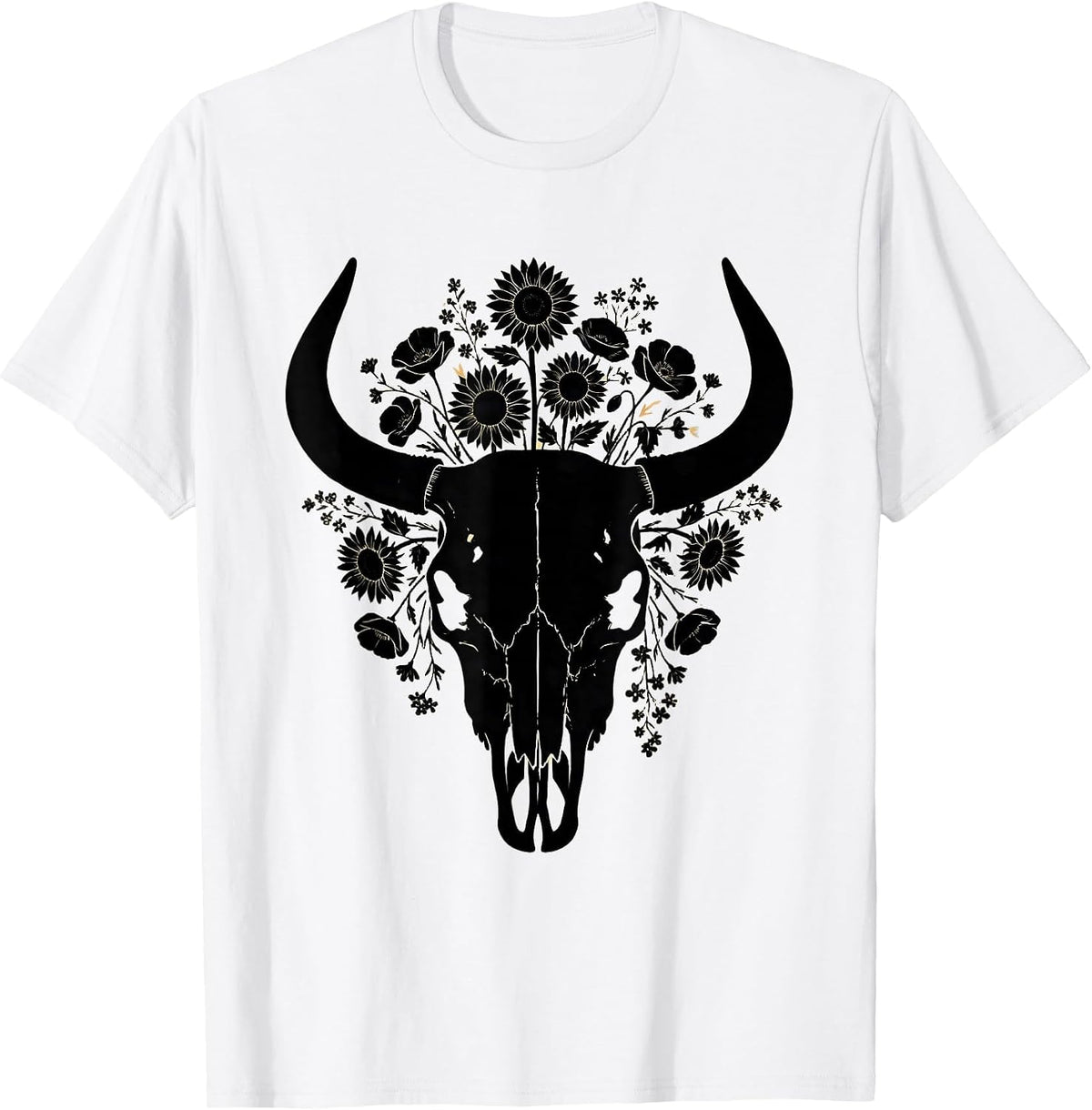 Men's Bull Skull Wildflowers Western Boho Graphic Tee T-Shirt - White