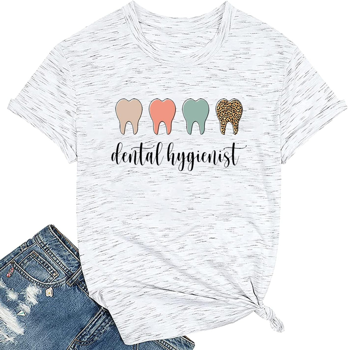 Dental Hygienist Shirts for Women Round Neck T-Shirt Casual Short Sleeves Tee Summer for Dentist - White