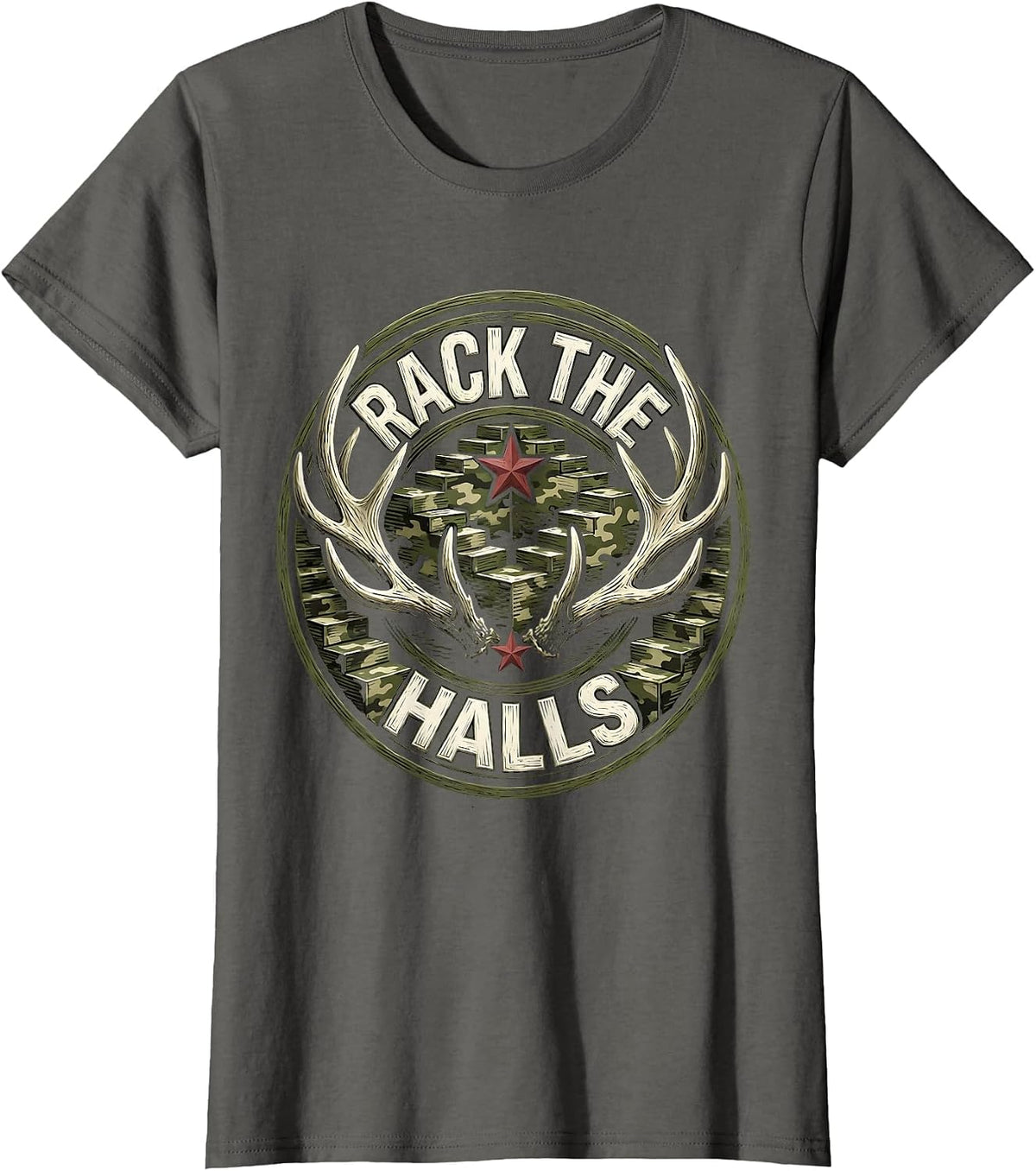 Women's Rack the Halls Woodcut Engraving Funny Camo Deer Hunting T-Shirt - Asphalt Grey