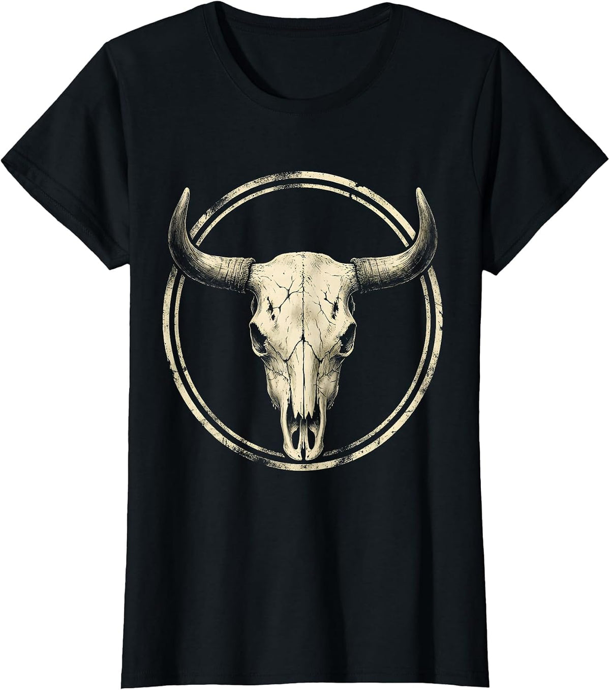 Women's Cow Skull Wildflowers Boho Western Floral Art T-Shirt - Black