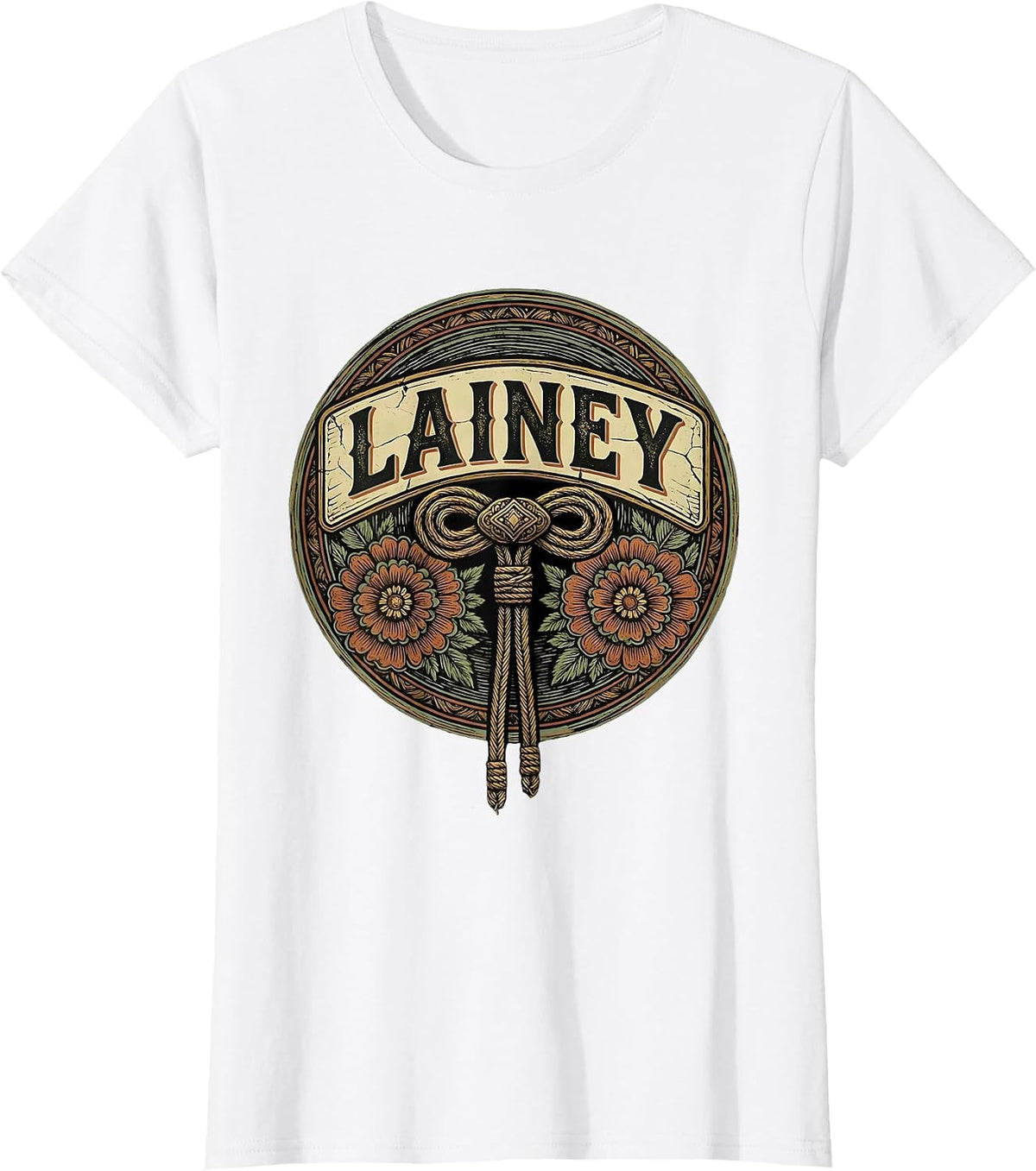 Women's Lainey Boho Folk Floral Western Cowgirl Name Personalized T-Shirt - White