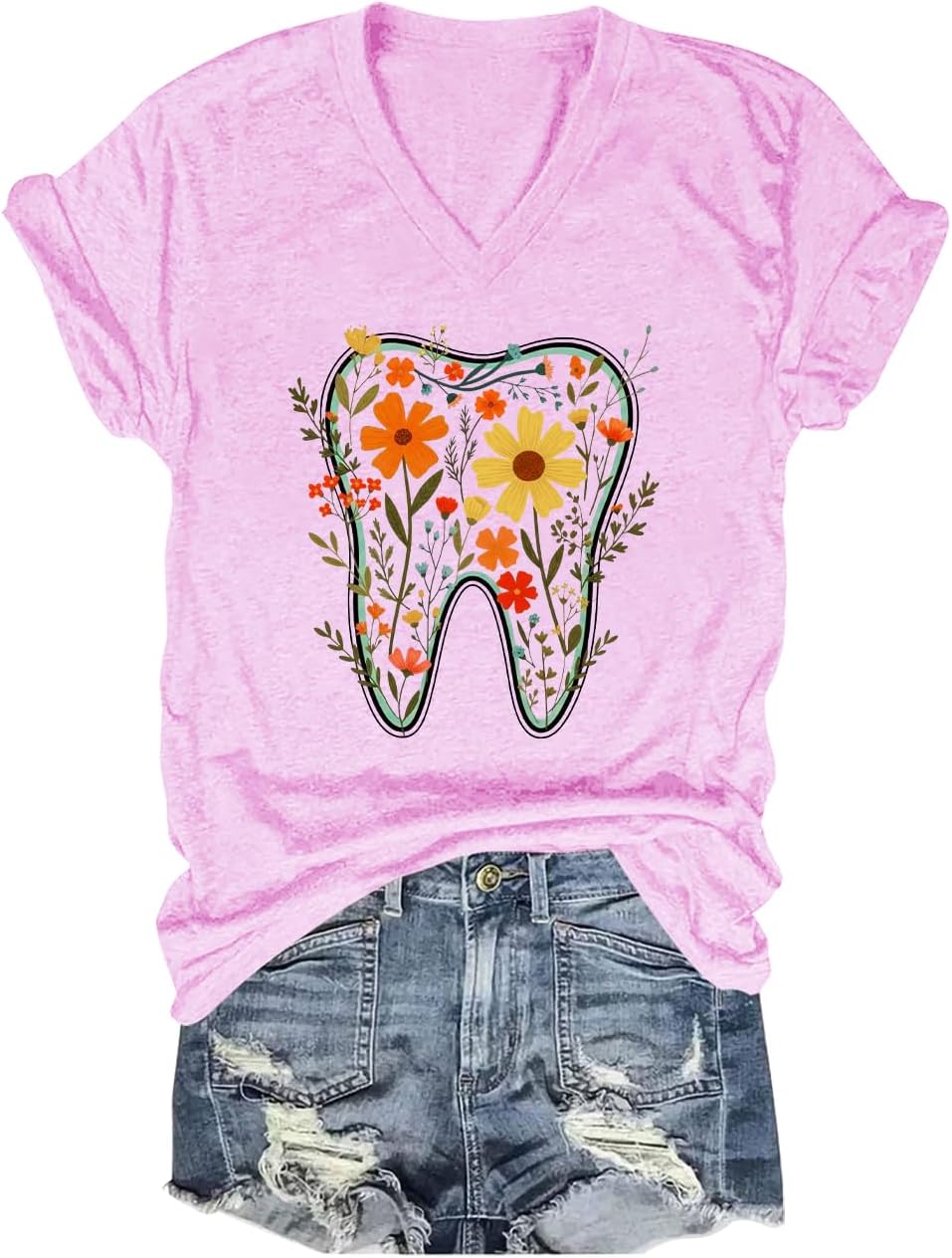 Floral Tooth Shirt V Neck Dental Assistant Shirt Dental Shirts for Women Funny Floral Graphic Tees Tops - V-Neck Pink-1