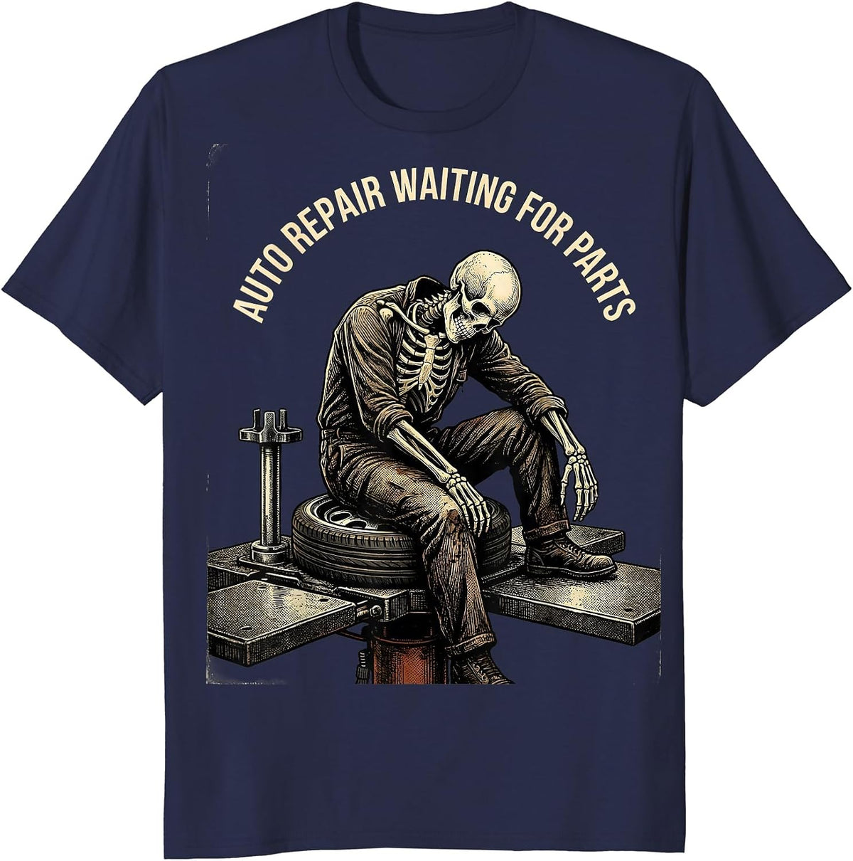 Auto Repair Waiting For Parts Funny Mechanic Skeleton Auto T-Shirt - Navy Blue