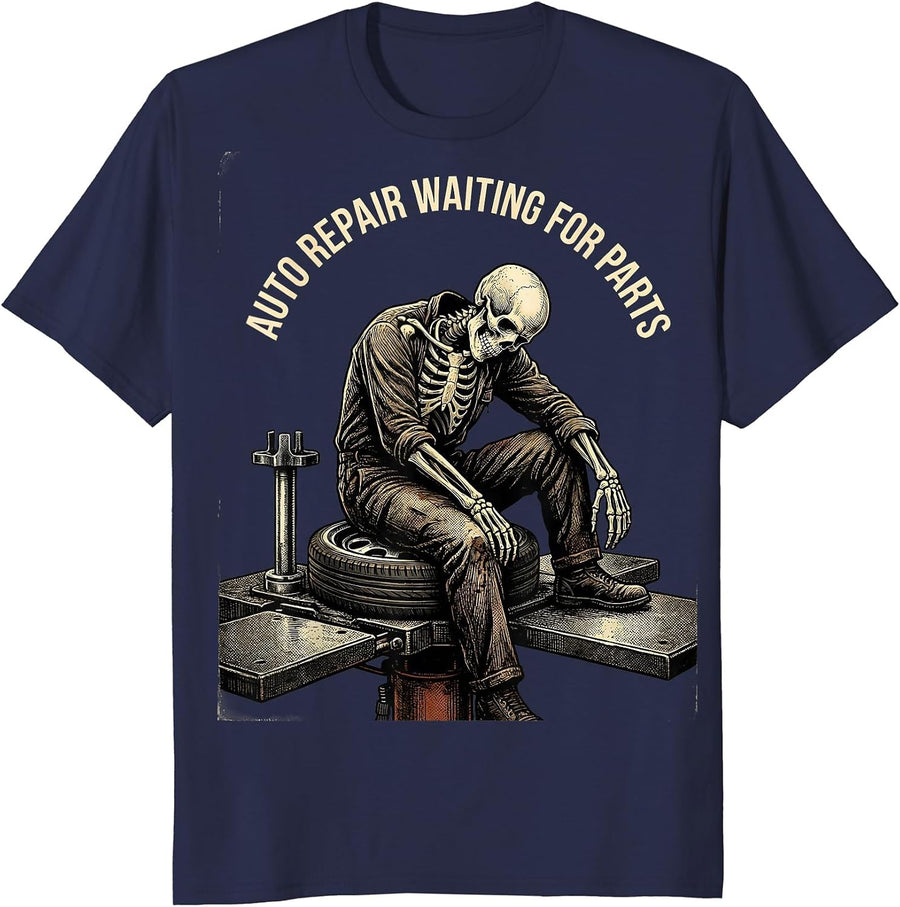 Auto Repair Waiting For Parts Funny Mechanic Skeleton Auto T-Shirt - Navy Blue