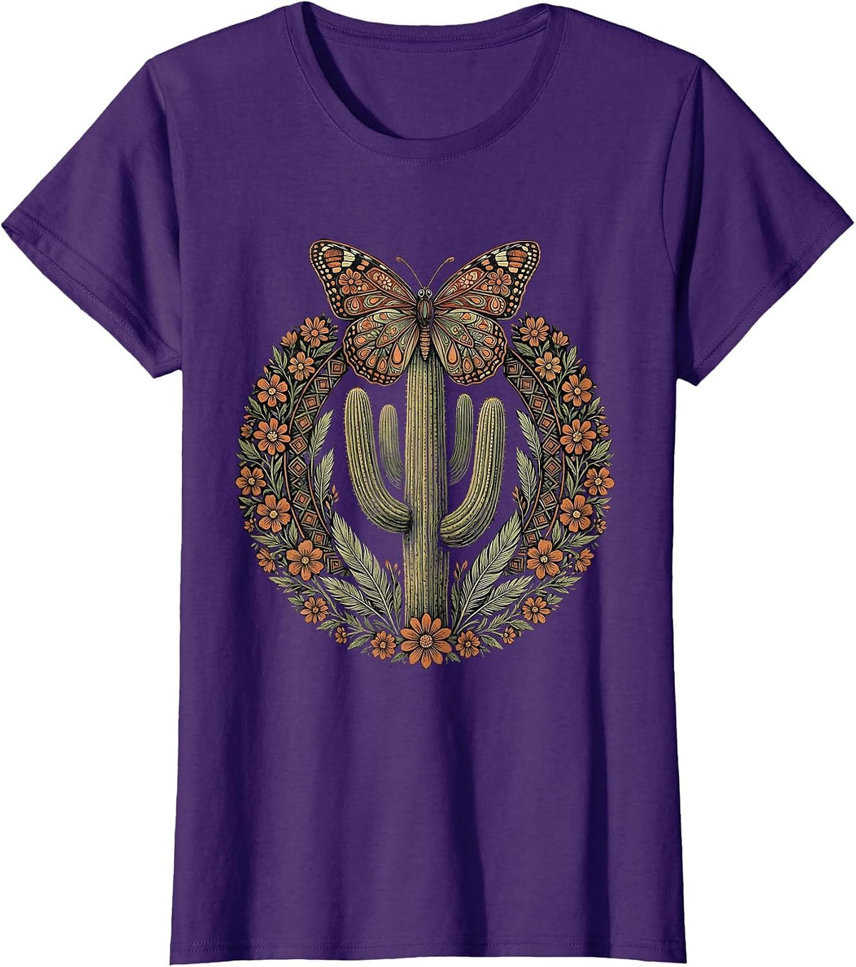 Women's Butterfly on Cactus Spine Western Desert Art T-Shirt - Purple