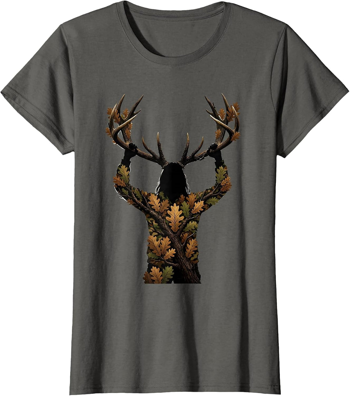 Women's Camo Deer Hunter Trophy Rack Hunting Illustration T-Shirt - Asphalt Grey