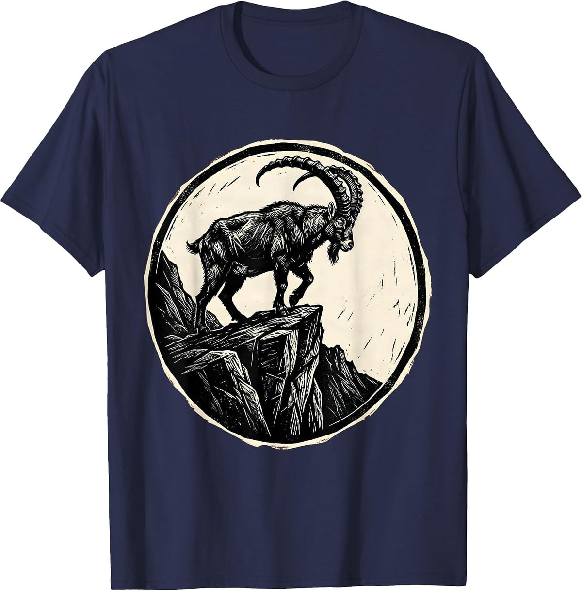 Mountain Goat Sheer Cliff Edge Wildlife Illustration T-Shirt - Navy Blue