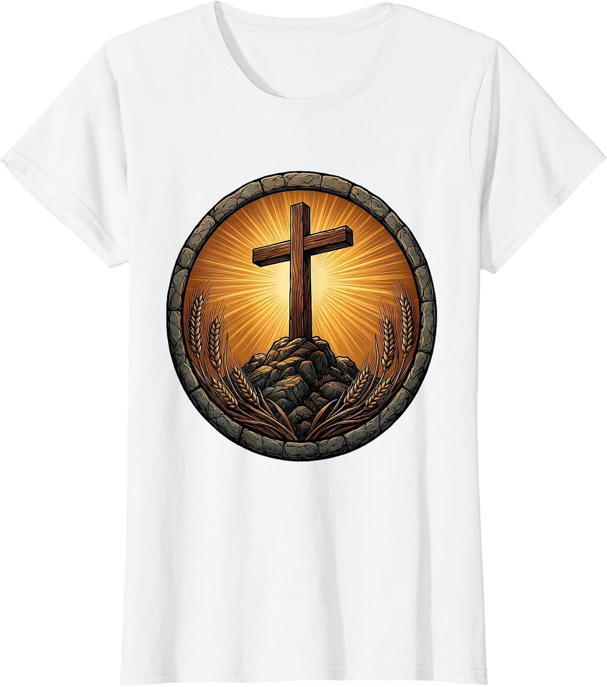 Wooden Cross on Rocky Hilltop Christian Design T-Shirt - White