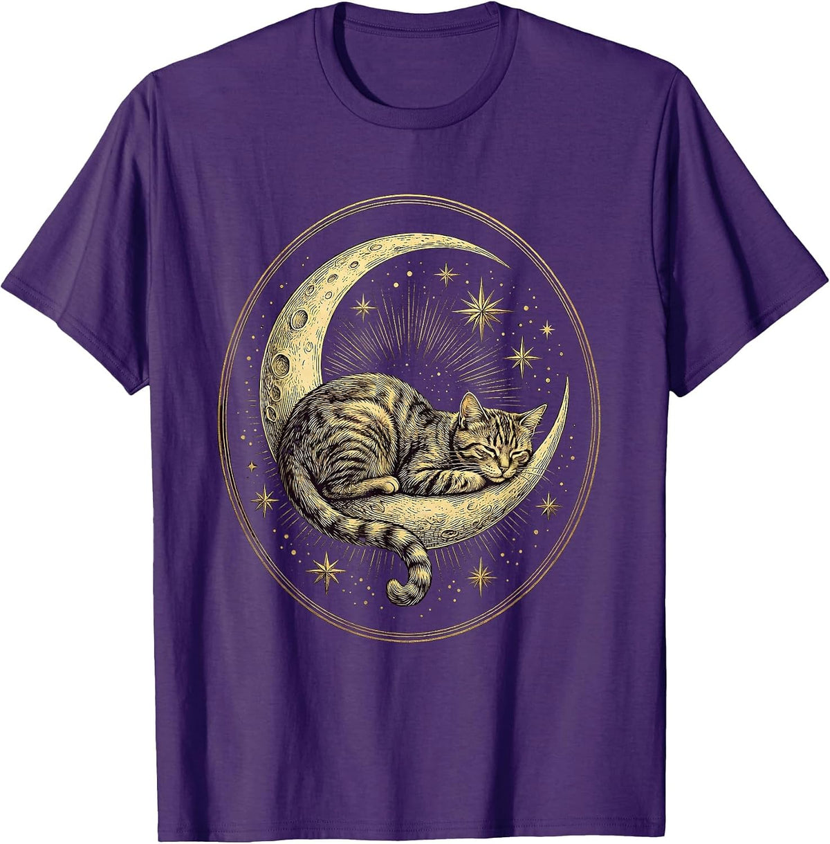 Men's Cat Draped Over Crescent Moon and Stars T-Shirt - Purple