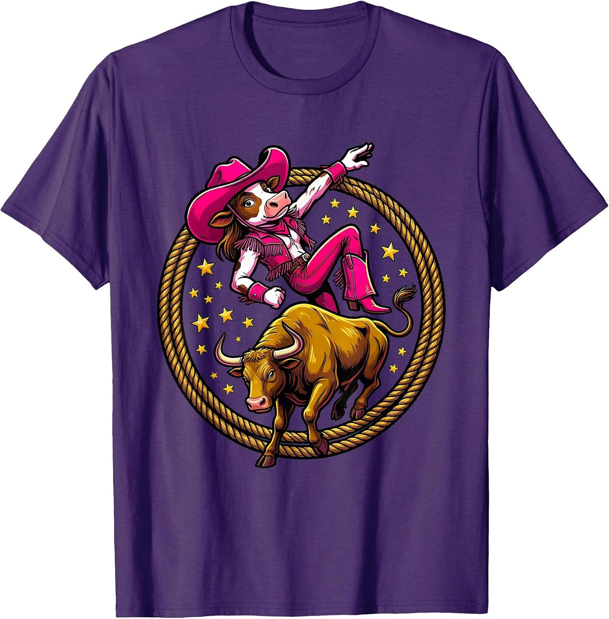 Pink Cowgirl Bull Riding Rodeo Graphic T-Shirt - Purple