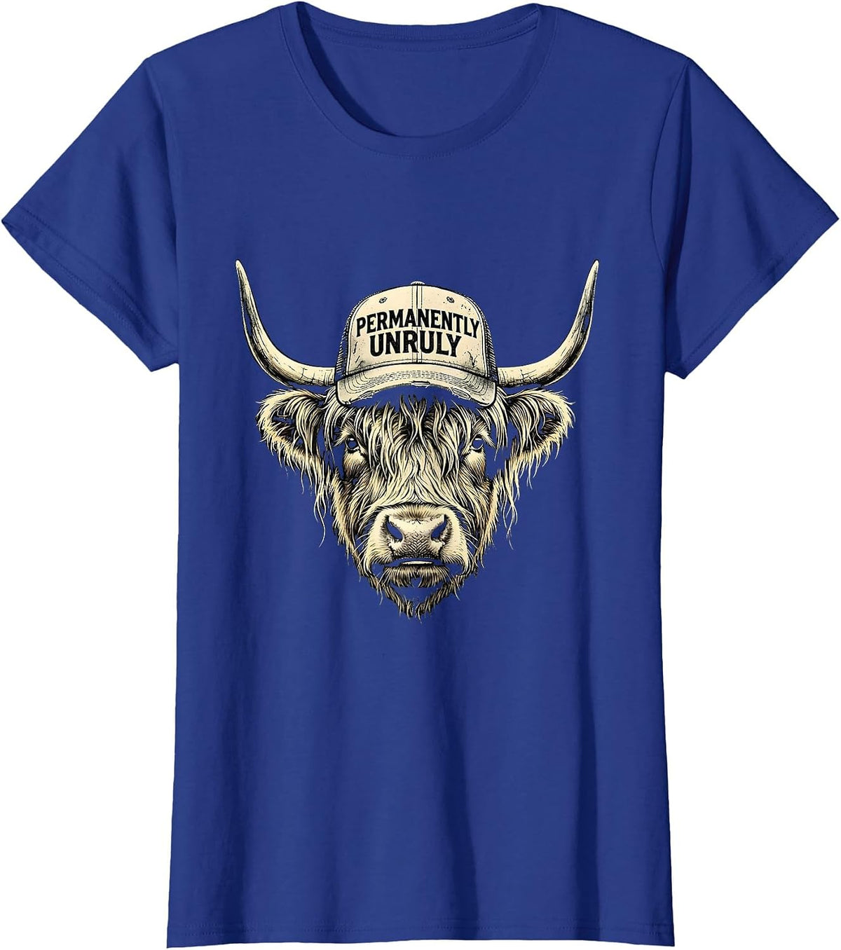 Women's Permanently Unruly Boho Western Highland Cow Humor T-Shirt - Royal Blue